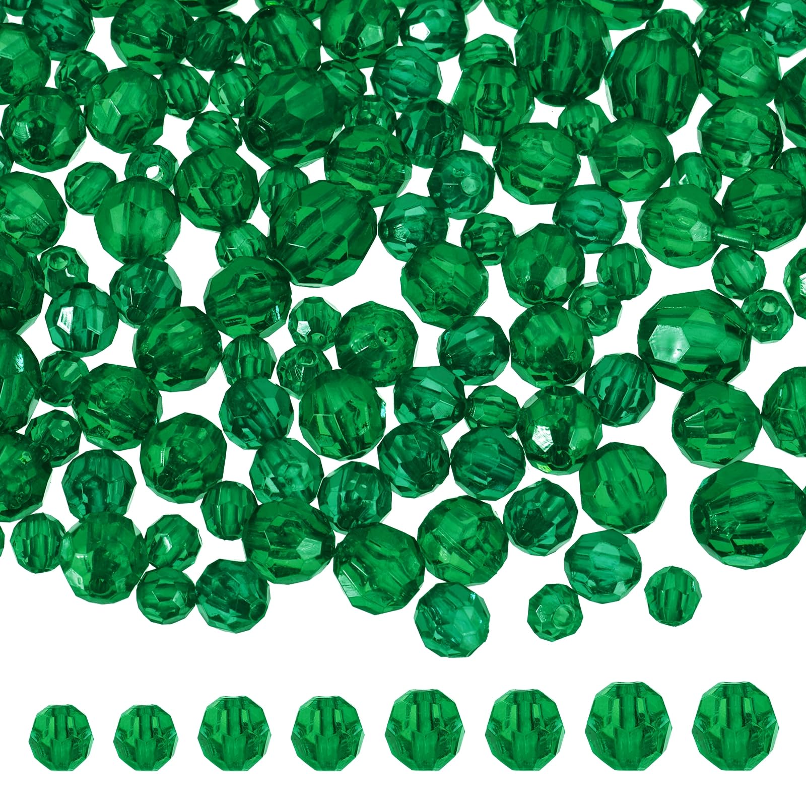 sourcing map 850 Pcs Acrylic Round Faceted Beads 6mm 8mm 10mm 12mm Loose Crystal Spacer Bead for Bracelets Necklace Keychains DIY Crafts Jewelry Making, Dark Green