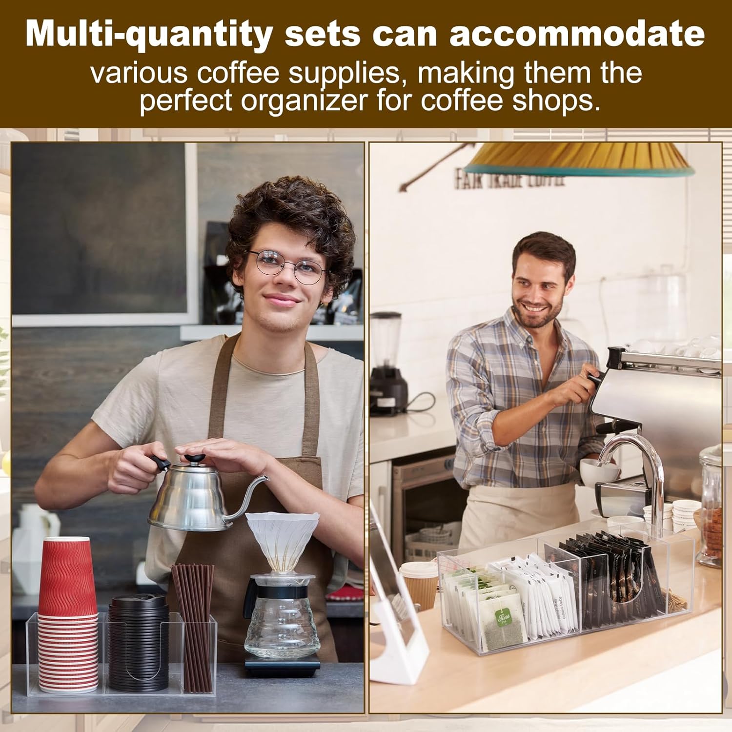 2 Pcs Acrylic Coffee Cup Holder with 3 Compartments Coffee Cup Dispenser for Countertop Plastic Lid Holder Station Organizer Accessories for Kitchen Bar Shop Farmhouse Table(Clear)