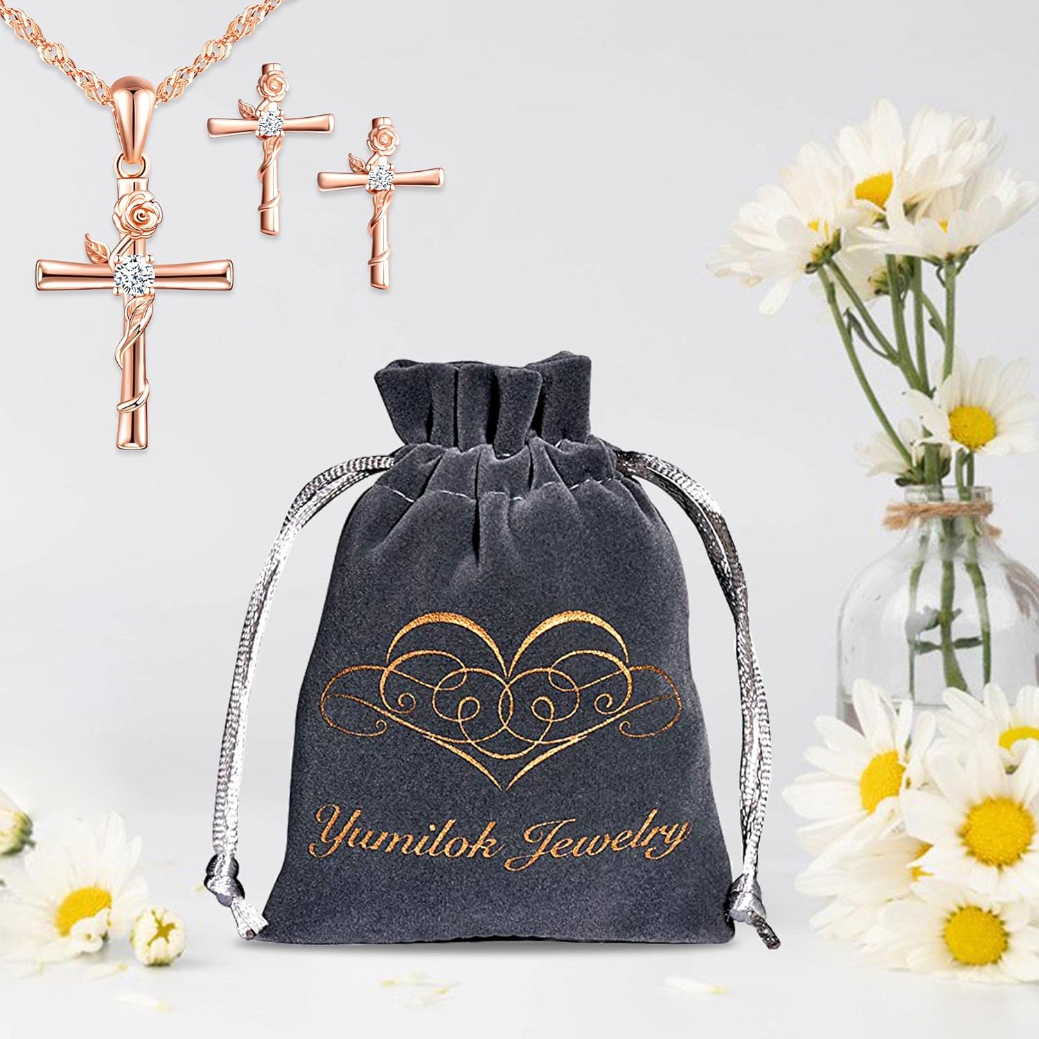 Yumilok Zircon Rose Cross Necklace And Earring Sets for Women Sterling Silver Cross Pendant Stud Earrings Jewelry Set Small Dainty Flower Necklace for Teen Friend Mom Her Birthday Aniversario Gift