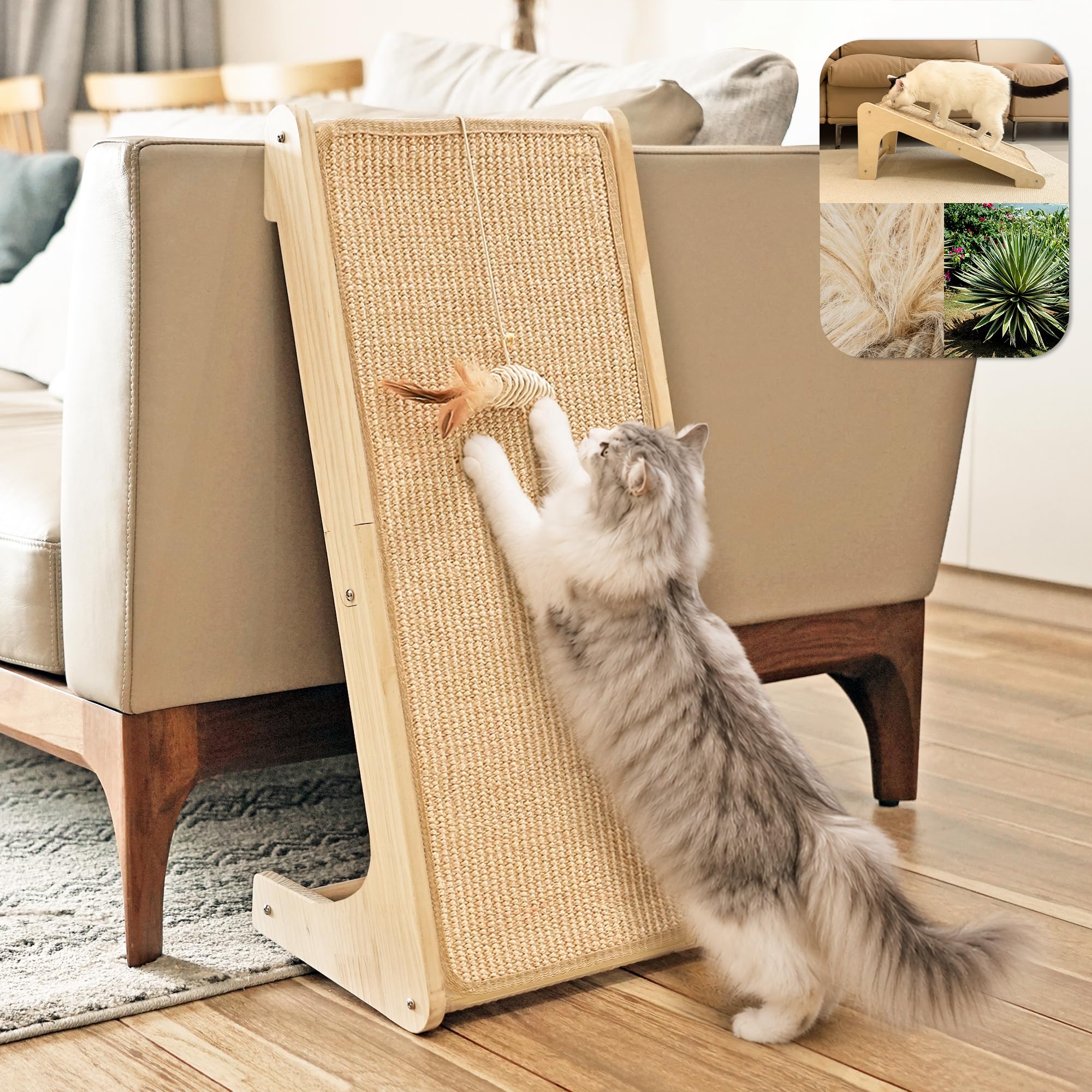 PETKARAY Griffoir Double Usage pour Chat, Colonne à Griffer en Sisal en Forme de L de 68 cm de Hauteur, Tapis à Griffer pour Chats, Griffoir pour Mur et Angle (avec Herbe à Chat et Jouet Souris)