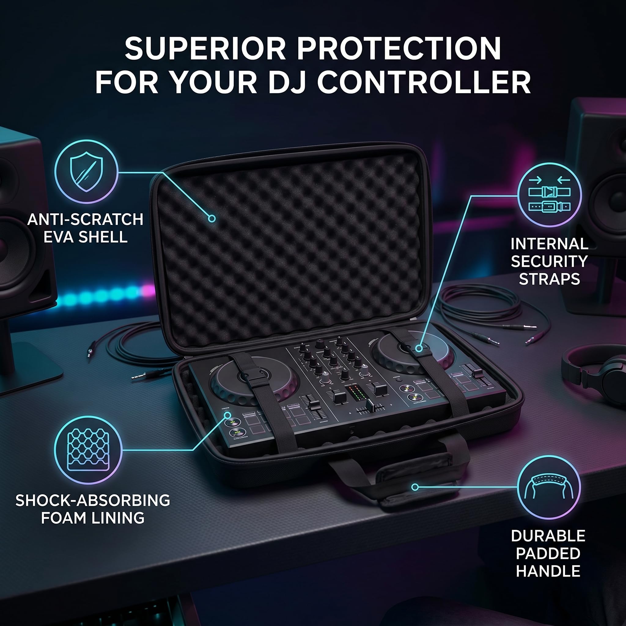 DJ DDJ-FLX4 Custodia Rigida per Controller DJ a 2 , Borsa Protettiva in EVA con Imbottitura in Schiuma, Cinghie Rimovibili e Rivestimento Luminoso per Controller DDJ-400, DDJ-SB2 e (50*30*8 cm)