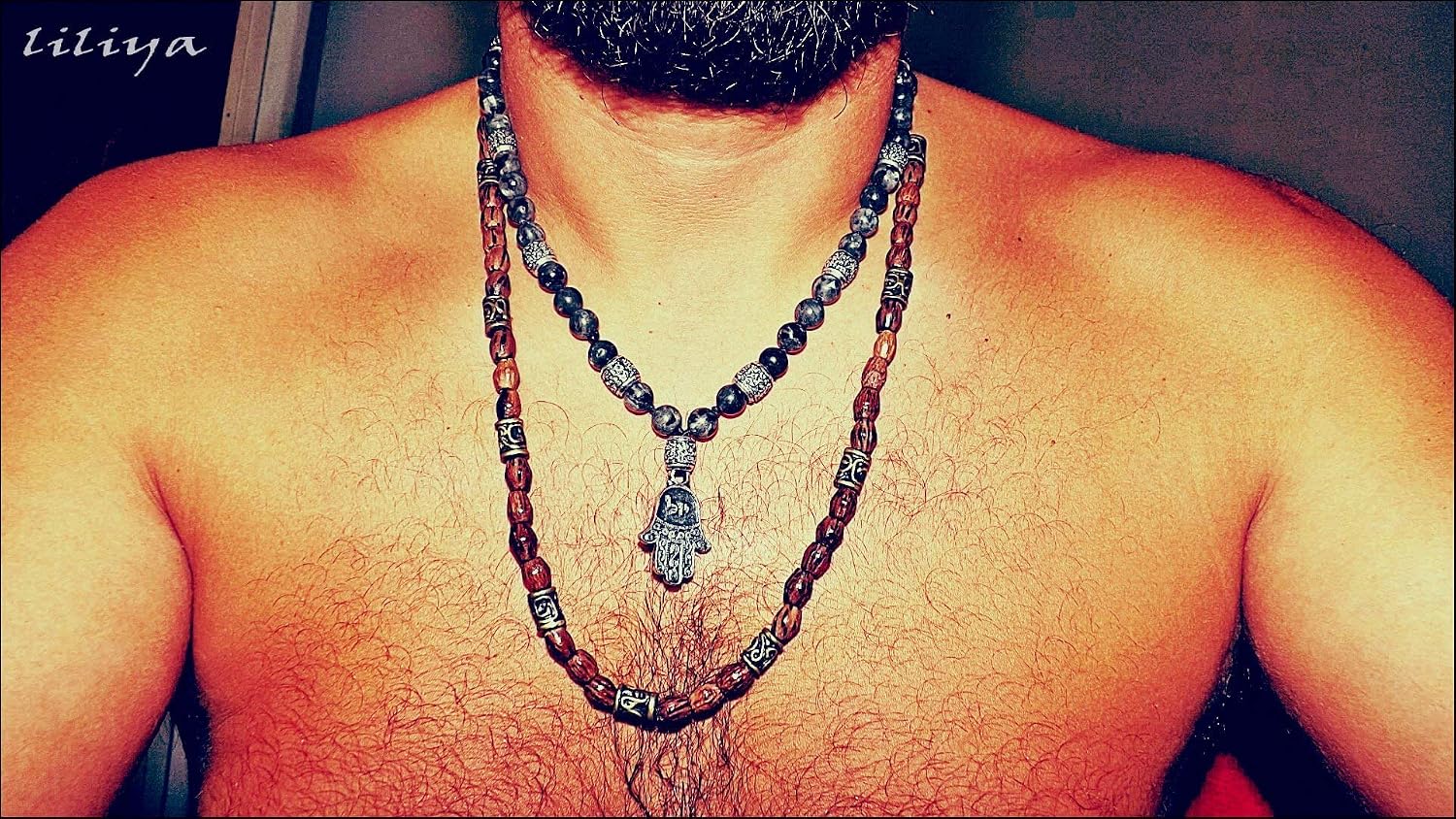 Liliya Jewelry Men’s Hamsa Kabbalah Necklace - 20.5 Inch Labradorite Beaded Mala - Traveler's Prayer & 72 Names Amulet - Hebrew Engraved Protection Gift