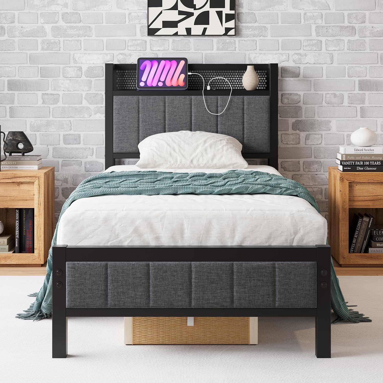 Bettrahmen mit Ladestation Einzelbett Gästebett Metallbett Polsterbett 90x200 Bettgestell aus Metall,Jugendbett mit Lattenrost Kopfteil in Grau,für Schlafzimmer Gästezimmer