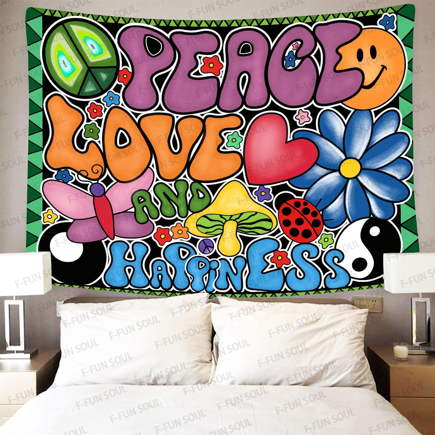 F-FUN SOUL Peace Love and Happiness Tapestry, 100x90inches Soft Flannel, Mushroom Psychedelic Tapestries 70s Theme Tapestry Wall Hanging for Bedroom Living Room Decor GTZYFS1339