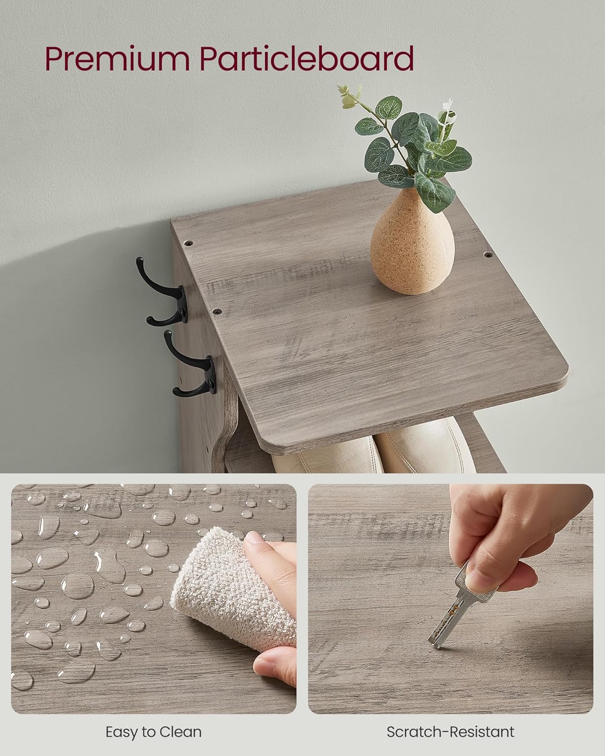 Image showing the easy-to-clean and scratch-resistant properties of the particleboard material