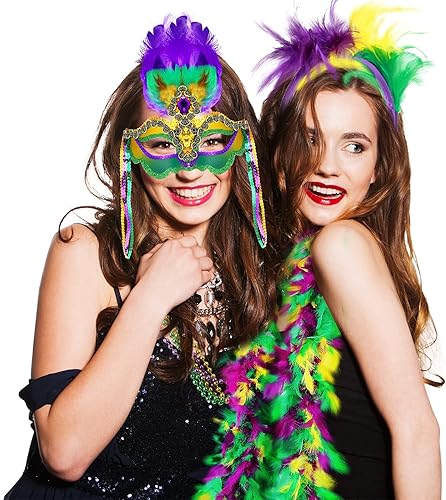 Miniatura 6 de Juego de 9 accesorios para disfraz de Mardi Gras, incluye collares de cuentas de Mardi Gras, plumas a granel, tocados de boas, diadema con plumas