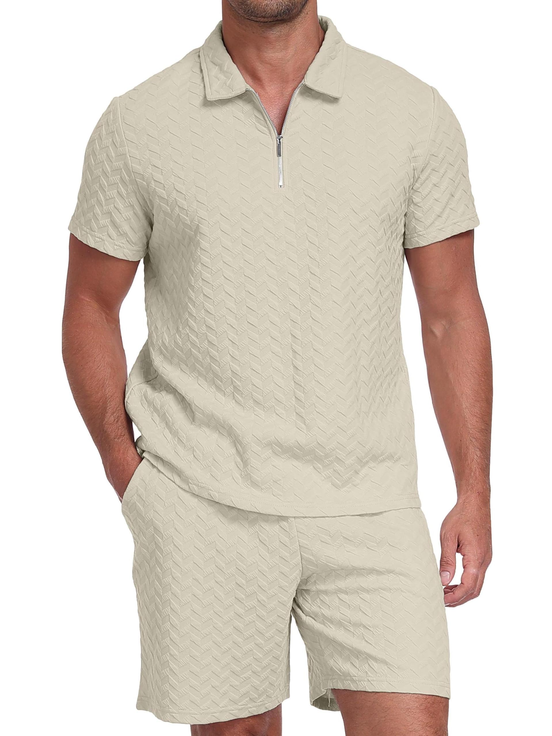 QIXING Chándal para hombre de 2 piezas, pantalones cortos de verano y camiseta con media cremallera, conjunto de camisa polo para hombre
