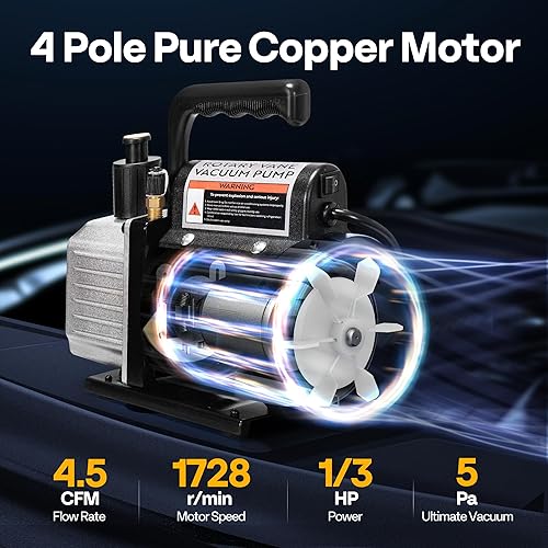 Miniatura 3 de VIVOHOME Bomba de vacío HVAC de una sola etapa de 4.5 CFM 13 HP 110V con botella de aceite y máquina portátil de recuperación de refrigerante de un