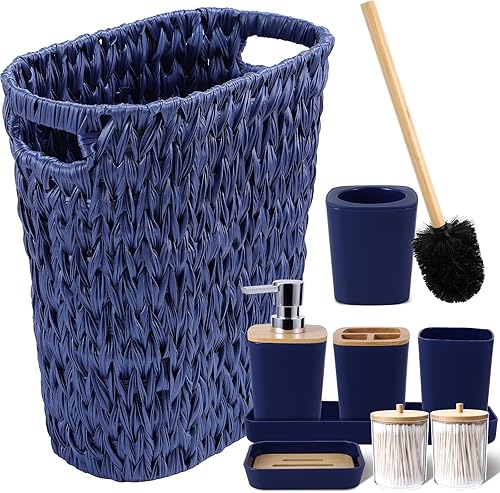 Miniatura 54 de Juego de 24 accesorios para baño negro, cortina de ducha con ganchos y alfombras, dispensador de jabón, jabonera, portacepillo para inodoro y cesta