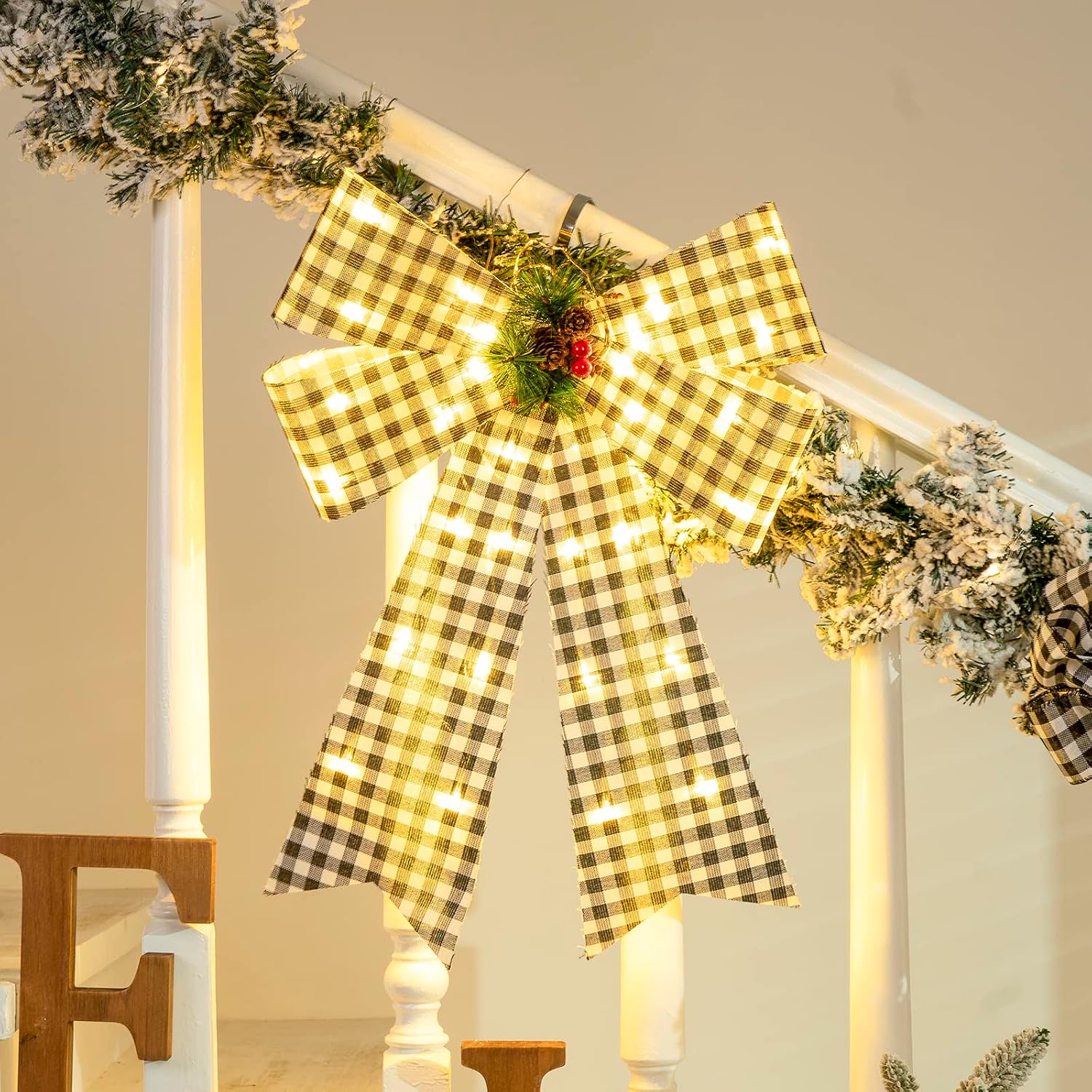 Christmas Tree Topper Bow, White&Black Buffalo Plaid Bow with Warm Lights and Pine Cone for Christmas Tree Topper Wreath Christmas Indoor Outdoor Decorations Bow (White&Black)