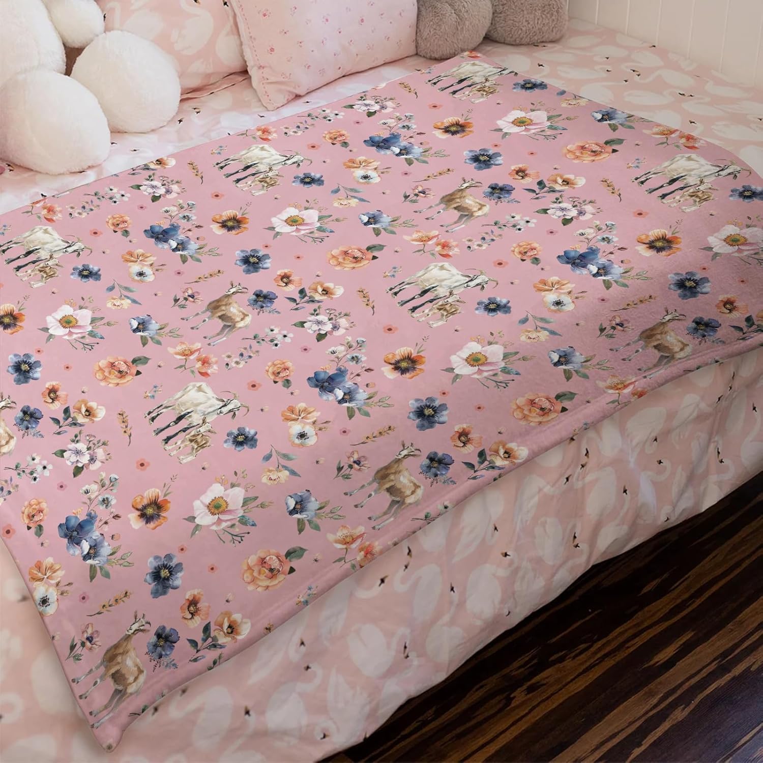 Goat Retro Boho Floral Baby Blanket for Boy Girl Watercolor Goat Lamb Flowers Flannel Soft Swaddle Blanket Farm Animals Life Receiving Blanket for Newborn Toddler Nursery Crib Bed Blanket 60x80