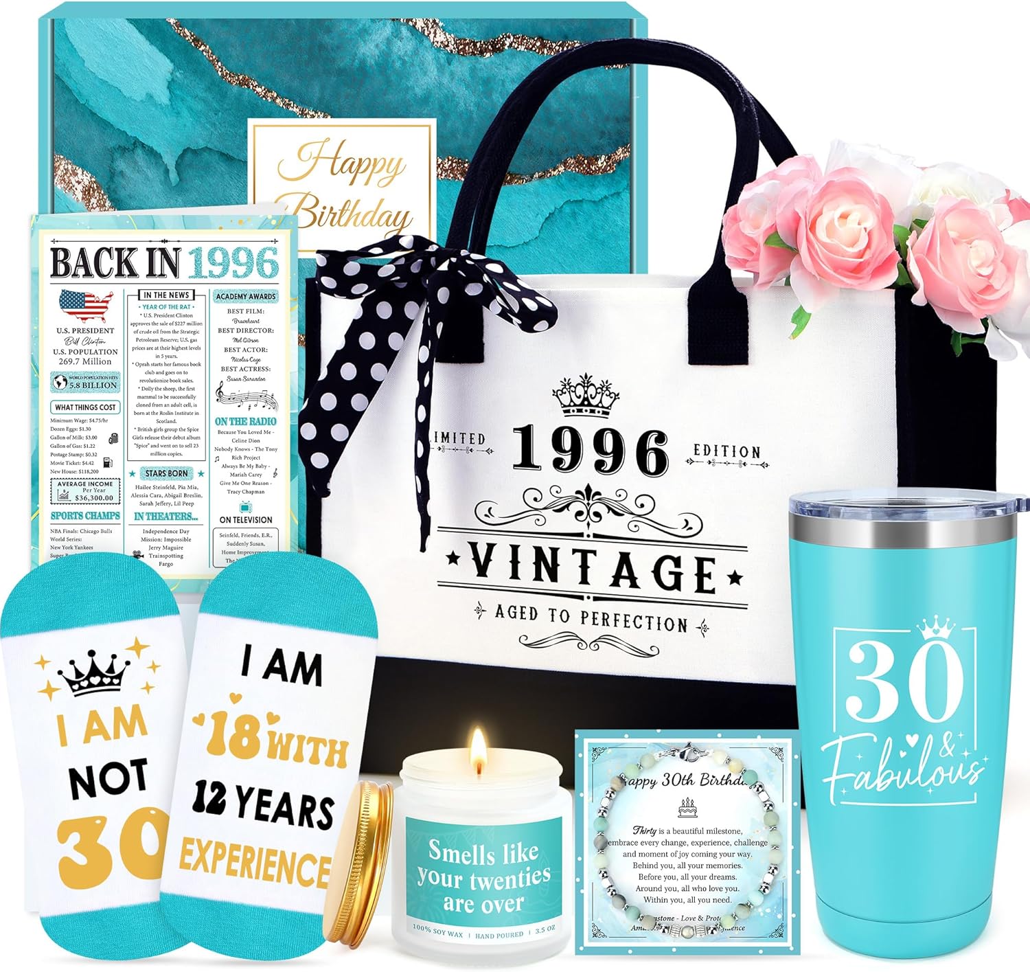 30th birthday decoration set with tumbler cup and tote bag