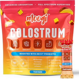 Moogi™ Premium Colostrum Powder (Peach Mango/30 Stick Pack) | Bovine Colostrum Powder for Women & Men with DE111® Probiotic | Grass Fed Colostrum Supplement for Gut Health, Immunity, Skin & Hair