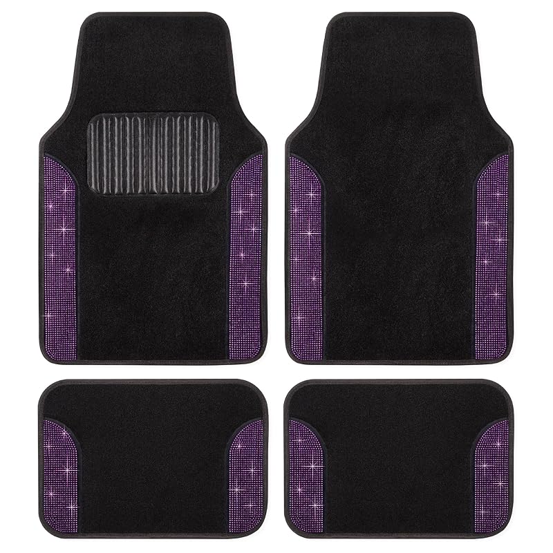 Kit de tapetes automotivos Carbella Diamond Bling em carpete roxo com cristais decorativos, 4 peças