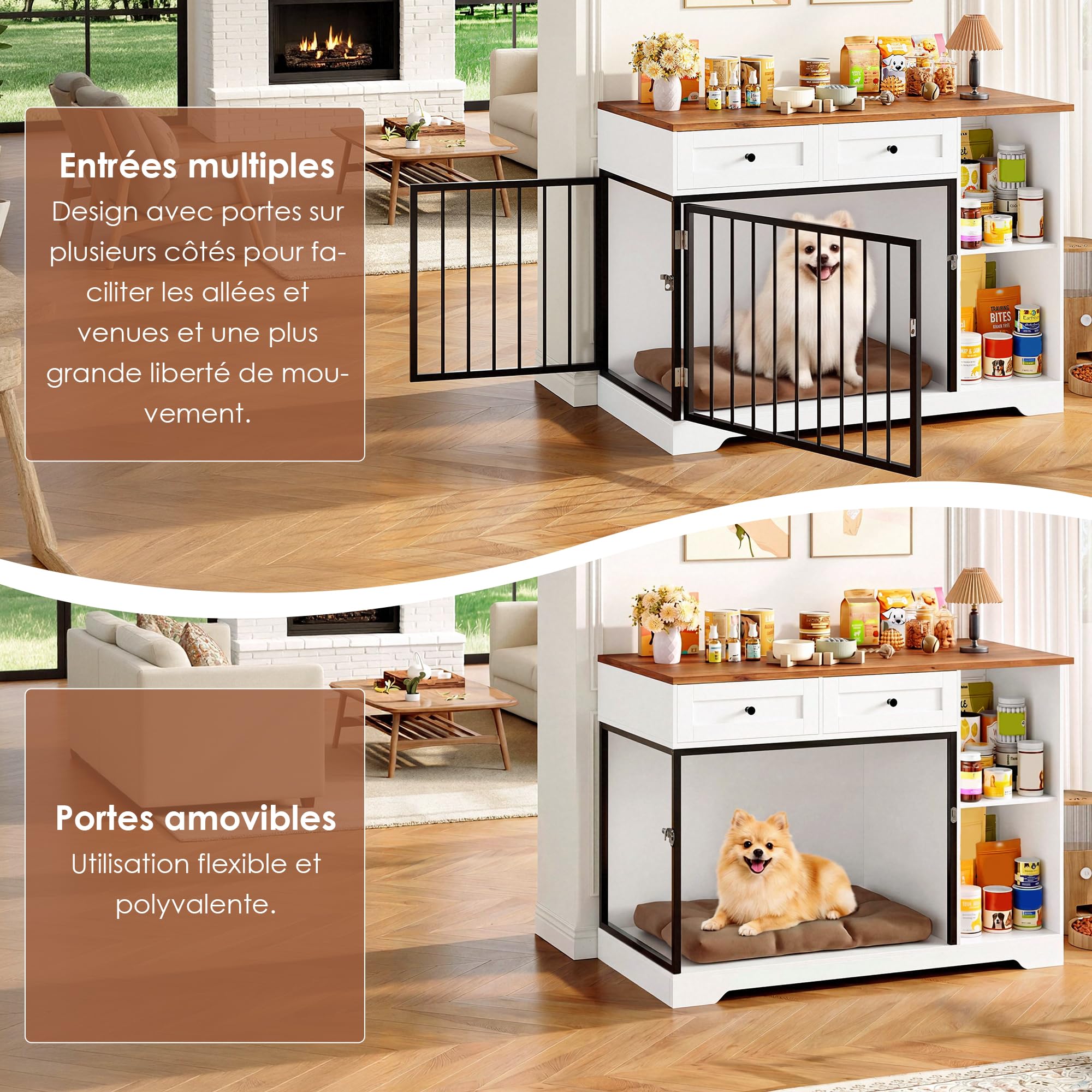FirFurd 120 cm Cage pour Chien, Cage Chien Interieur avec 2 Porte 2 Tiroirs 2 Étagères, Niche pour Chiens Meuble Cage Chiens en Bois 120x60x87cm Blanc+Marron