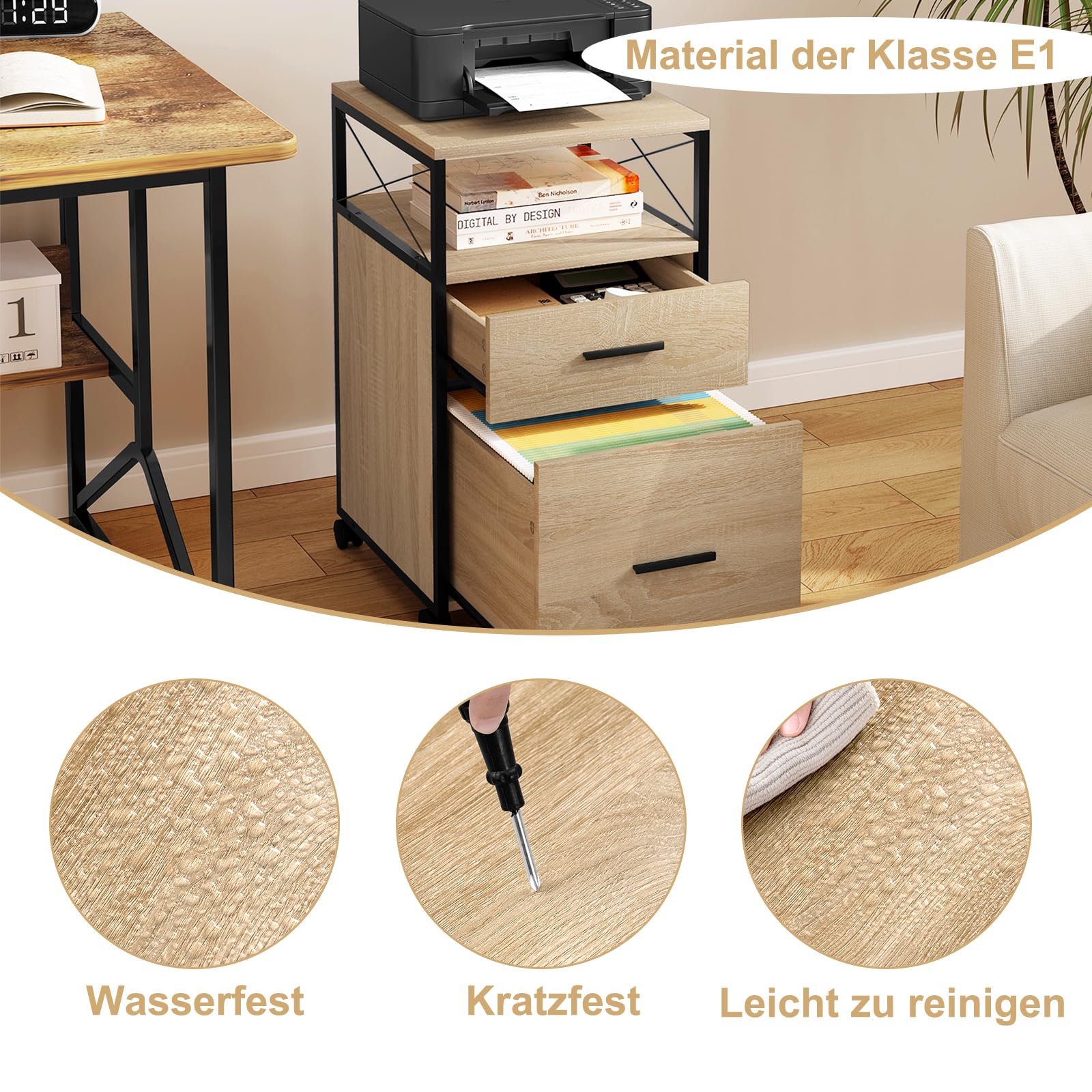 WOLTU Caisson de Bureau à roulettes, Armoire Mobile à 2 Tiroirs avec 1 Compartiment Ouvert, Meuble de Rangement pour Dossiers, Documents A4, Effet Bois Clair, 40x40x69cm, ASK09hei