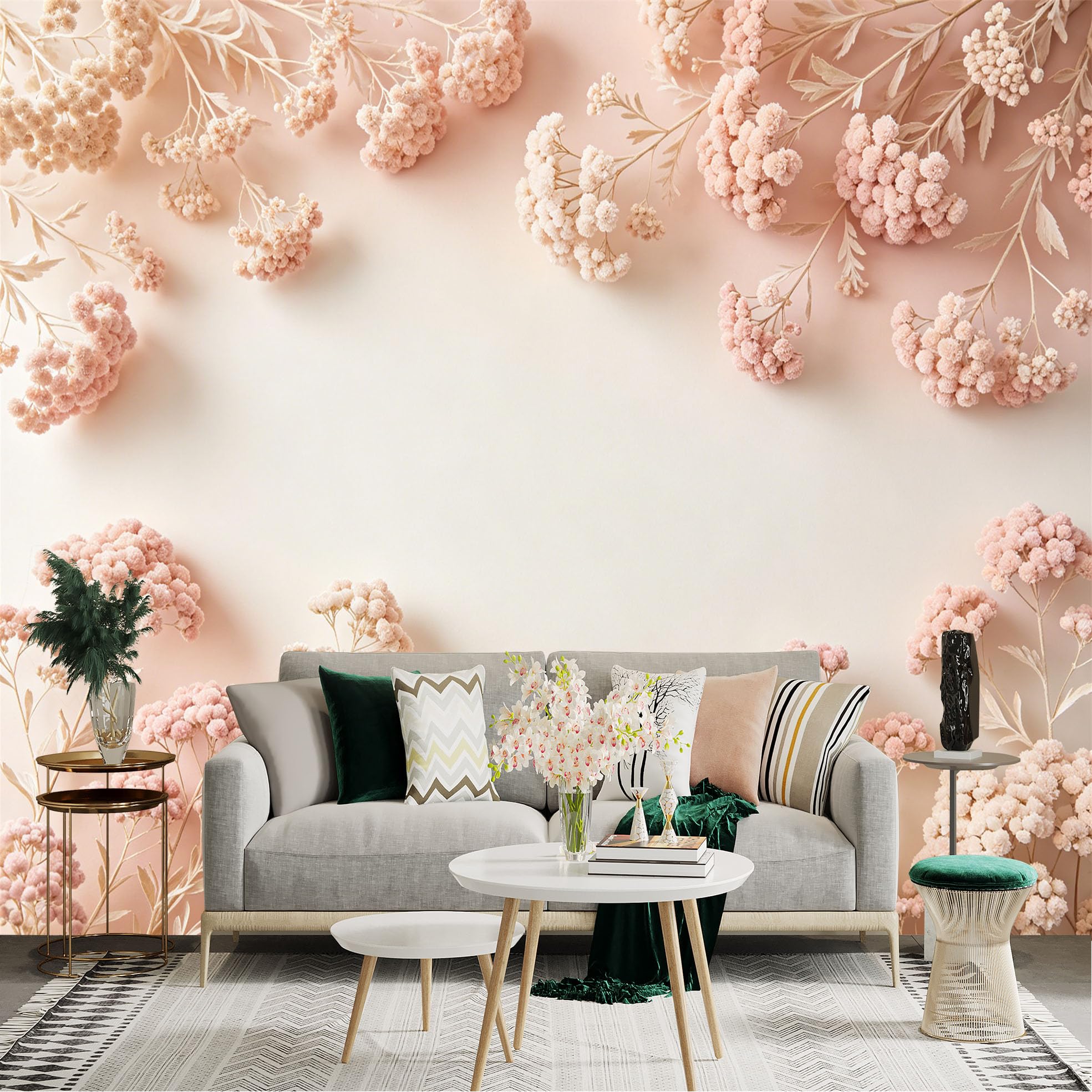 Lnzczhyre Dbh260521962 Custom Size Wall Sticker Mural， Soft Pastel Pink Dried Flowers， Minimalist Floral Border， Elegant Blush Botanical Decor， For Wall Decoration， Peelandstick Wall Decals.