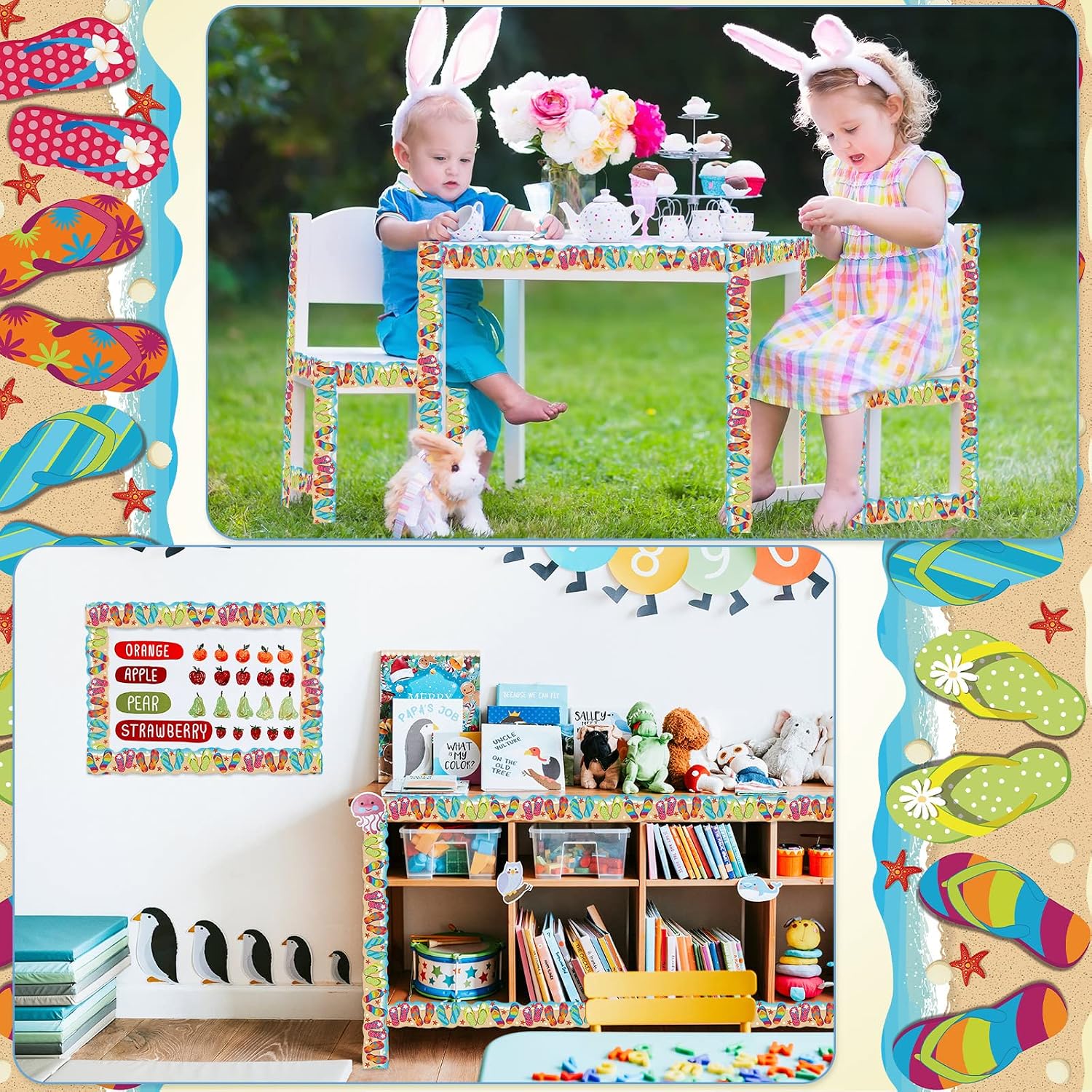 Panelee Summer Flip Flops Border 68.9 Feet Bulletin Board Border Butterflies Flowers Bee Space Inspirational Cute Decor for Classroom Bulletin Boards Chalkboard Wall Decor
