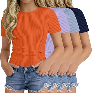 Oakgarden 4 Pack Girls' Short Sleeve Shirts Ribbed Knit Crew Neck Tops Slim Fit Casual T-Shirt Kids Summer Basic Tees 5-14Y