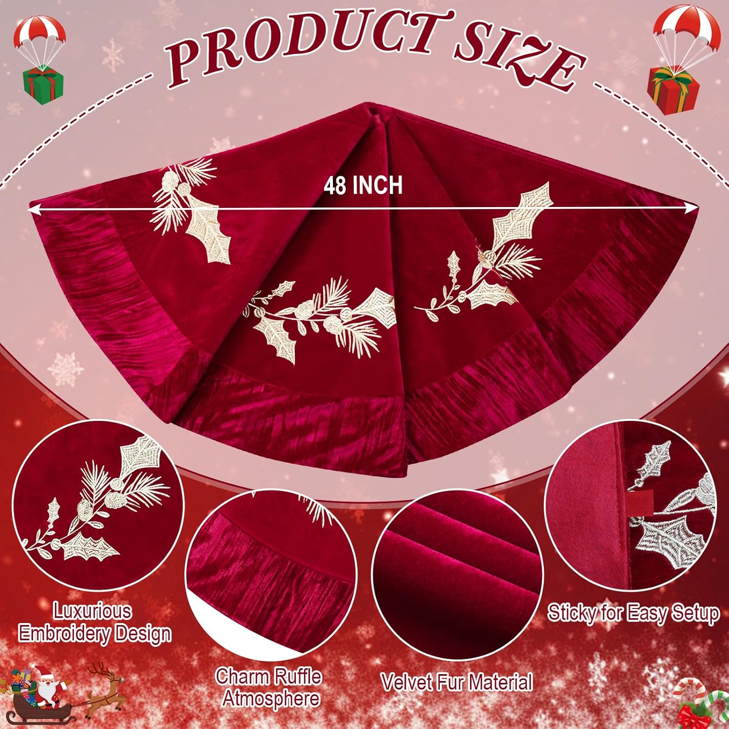 48 Inches Velvet Christmas Tree Skirt Red Wine Luxury Xmas Gold Fur Plush Skirts with Gold Embroidered Holly for Merry Christmas Party Rustic Vintage Holiday Home Winter Decorations
