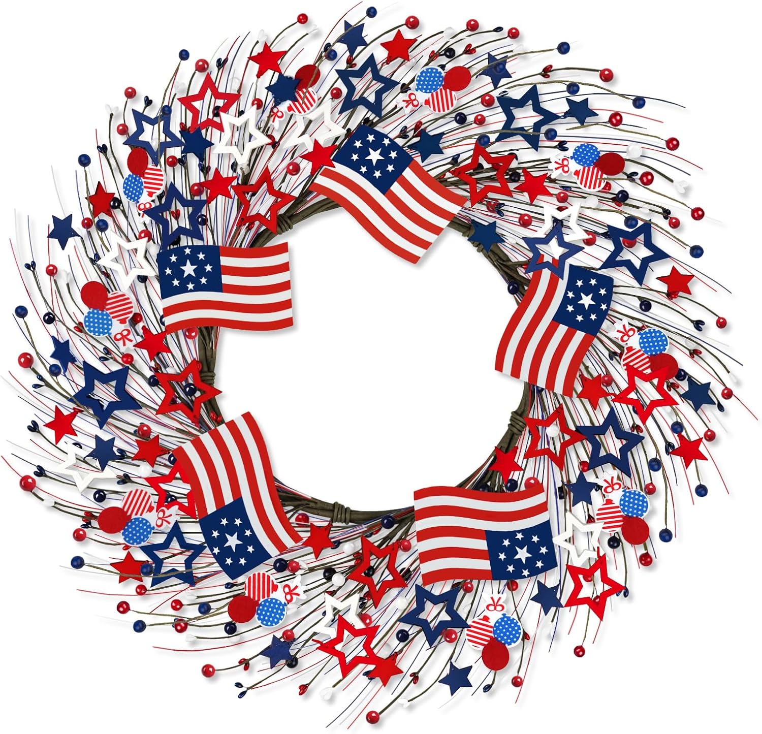 4th of July Independence Day Red White Blue Berry Wreath with Flag, ZOXILEN 20 inch American Flag Stars Wreath Patriotic Decoration, Memorial Veterans Day Berry Hanging Decor
