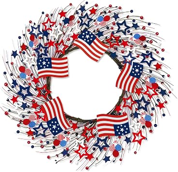4th of July Independence Day Red White Blue Berry Wreath with Flag, ZOXILEN 20 inch American Flag Stars Wreath Patriotic Decoration, Memorial Veterans Day Berry Hanging Decor