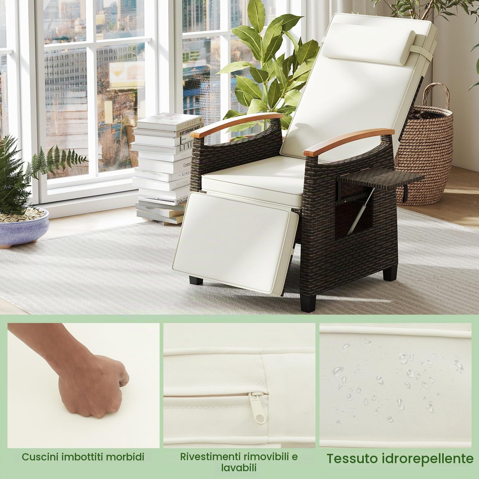 LIFEZEAL Sdraio da Giardino in Rattan (1, Bianco) | Lettino Prendisole Regolabile fino a 150°, Poltrona con Poggiapiedi, Tavolino Pieghevole e Cuscino Poggiatesta, per Terrazzo