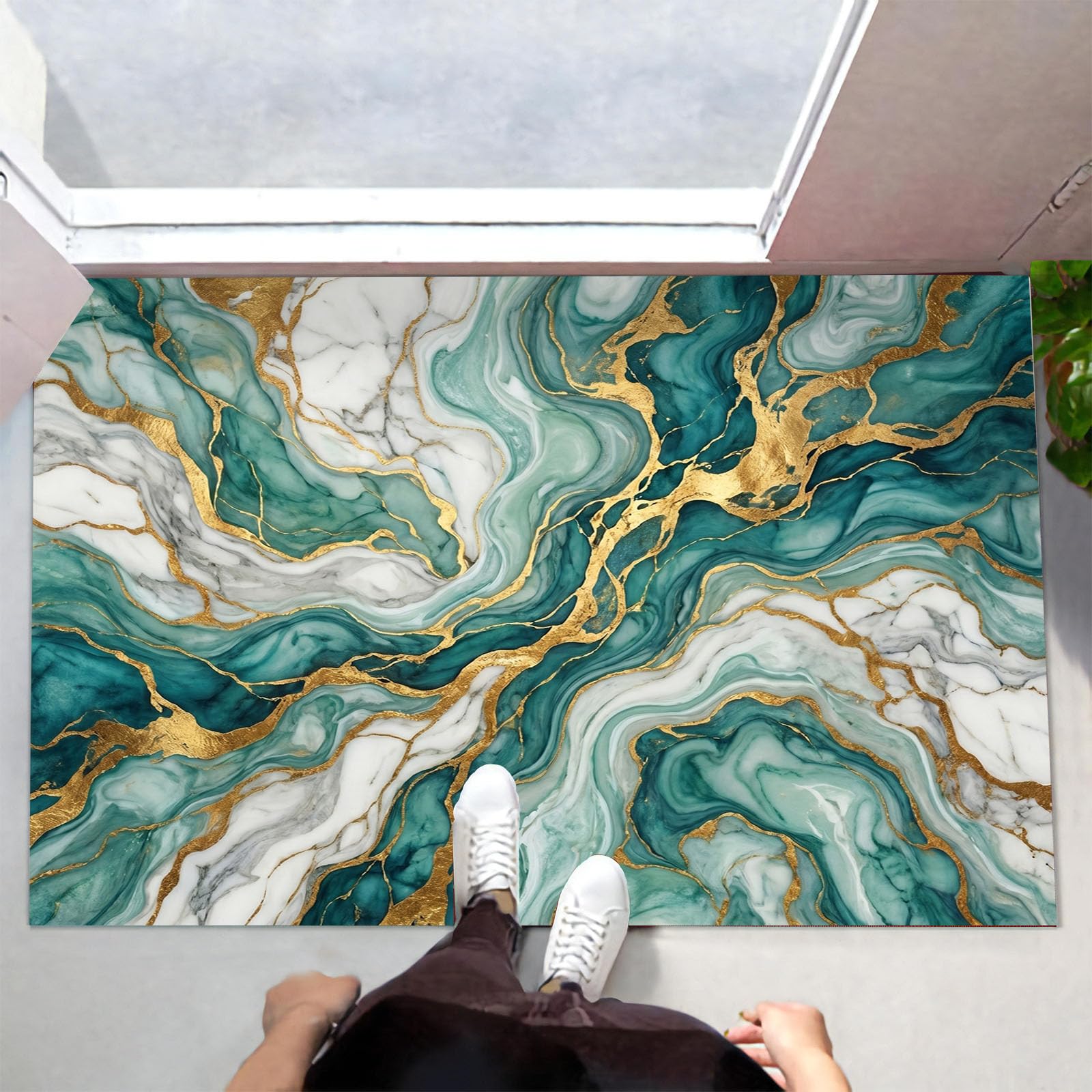 Zerbino 90X150Cm Per Interni Ed Esterni, Vortex Di Marmo Di Lusso, Tappetino Lavabile In Lavatrice, Zerbini Resistente Morbido Antiscivolo, Onde Moderne, Tappeto Ingresso, Verde Smeraldo