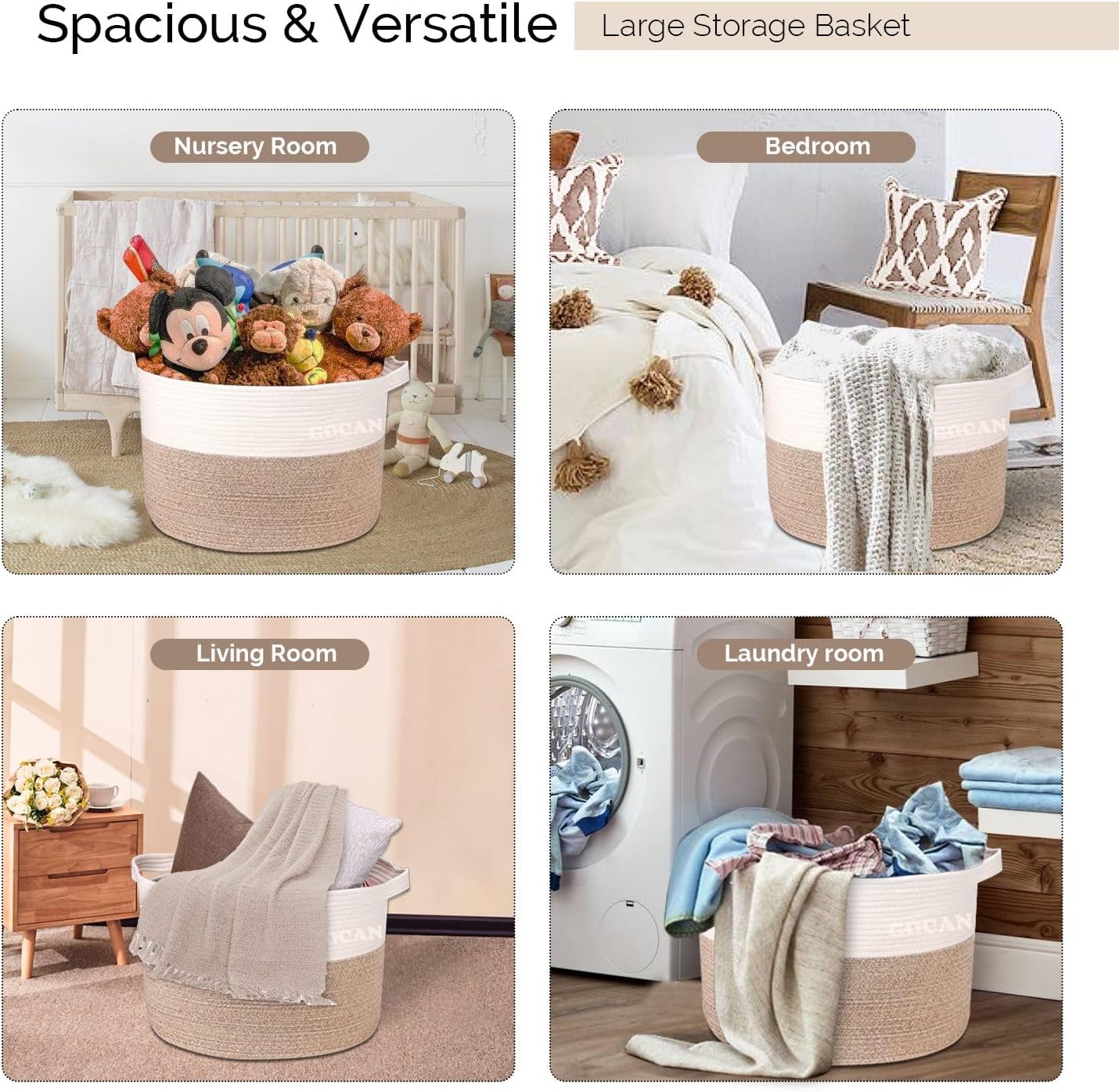 Extra Large Laundry Basket toy storage 22"X22"X14" blanket basket Cotton Rope Woven Baskets with Handles for Living Room (Brown/Beige) XXXL