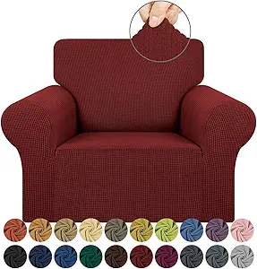 KEKUOU Stretch Single Sofa Slipcover 1 Piece Couch Sofa Cover (31"-55") Furniture Protector 1 Seater Sofa with Elastic Bottom for Kids,Pet.Jacquard Small Checked Pattern Fabric(Small,Dark Red)