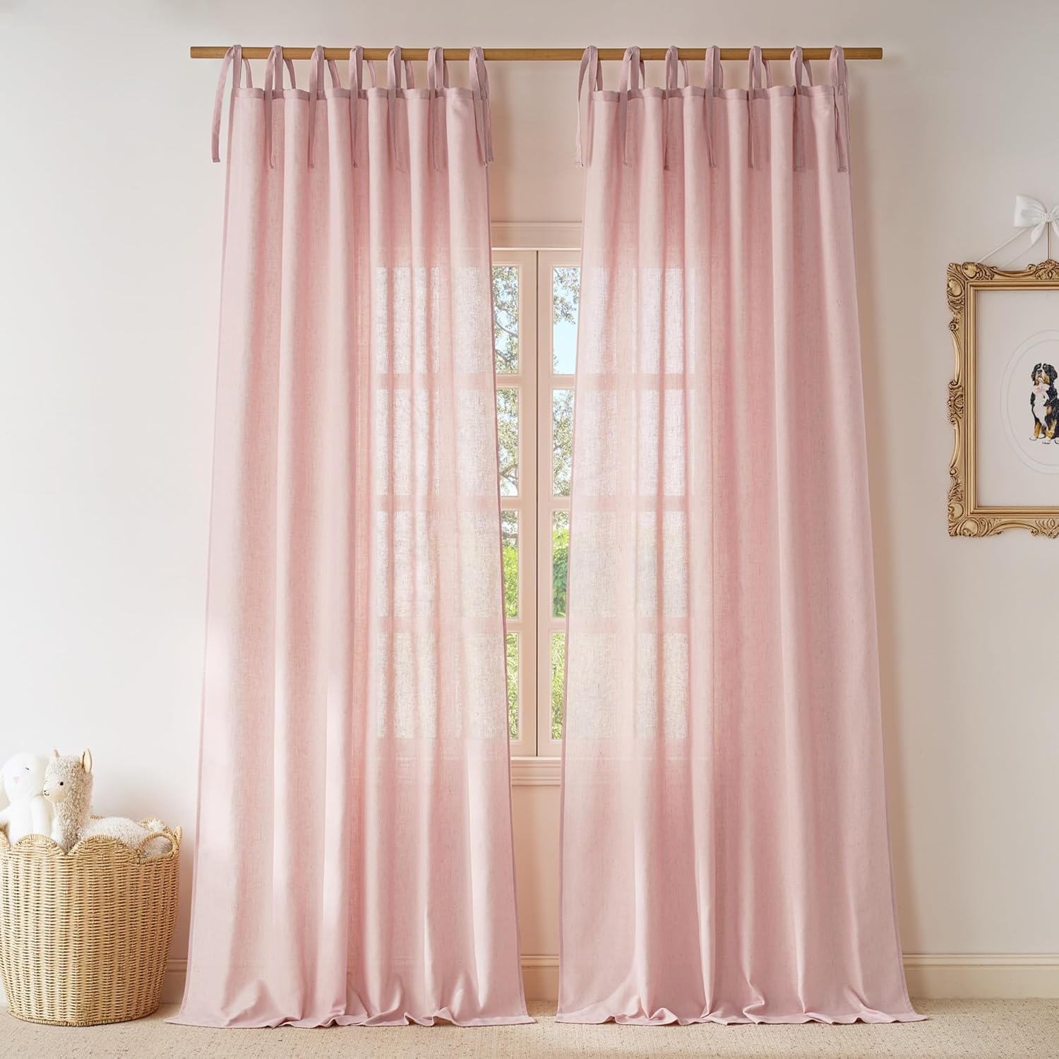 NICETOWN Thick Linen Semi Sheer Pink Curtains for Girls Room, Adjustable DIY Tie Top Light Filtering Curtains Privacy Linen Burlap Drapes for Bedroom/Princess Room, W52 x L96, 2 Panels