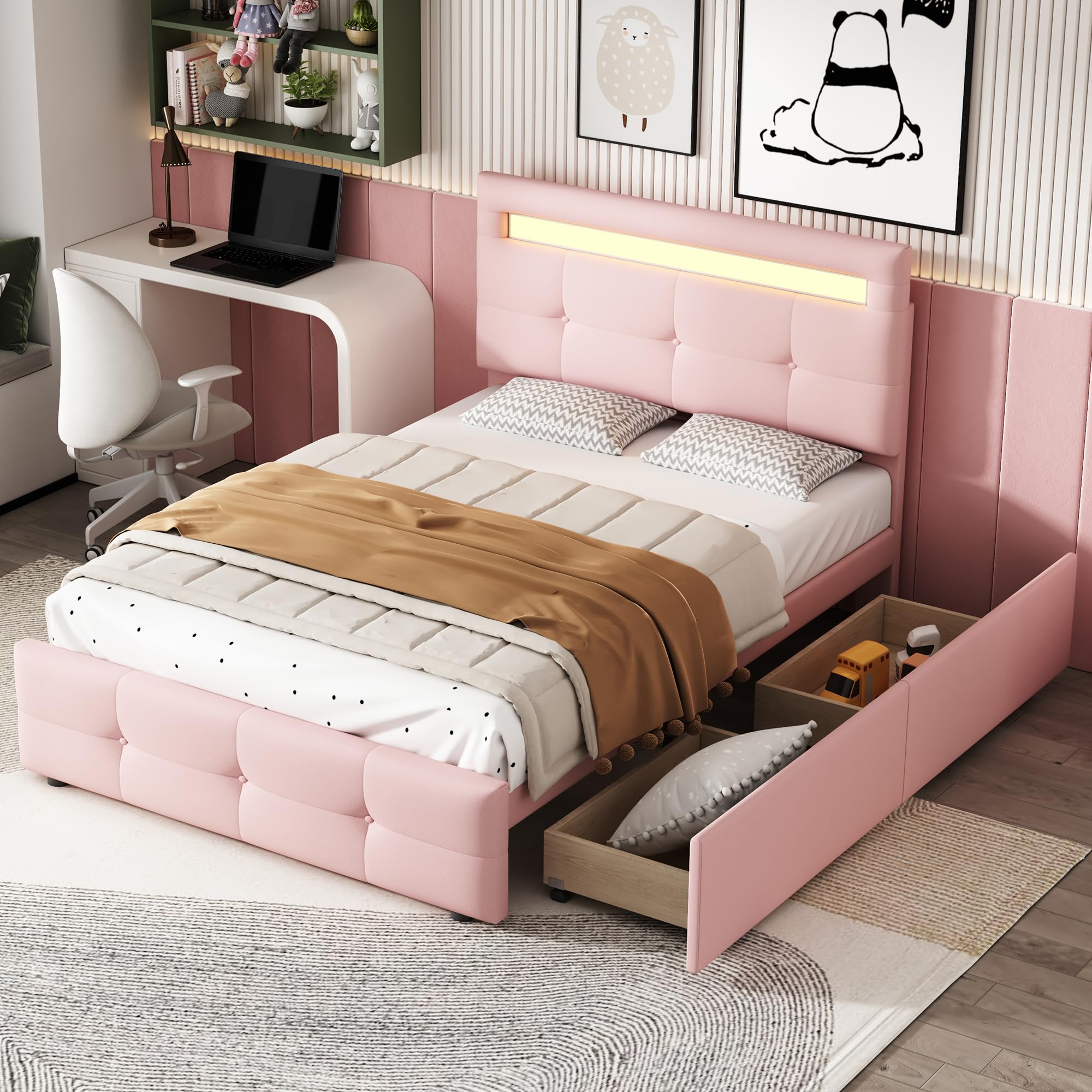 letto imbottito 90x200 cm Rosa con testiera regolabile e due cassetti letto singolo con doghe struttura letto bassa per camera per adolescenti e stanza ospiti in casa
