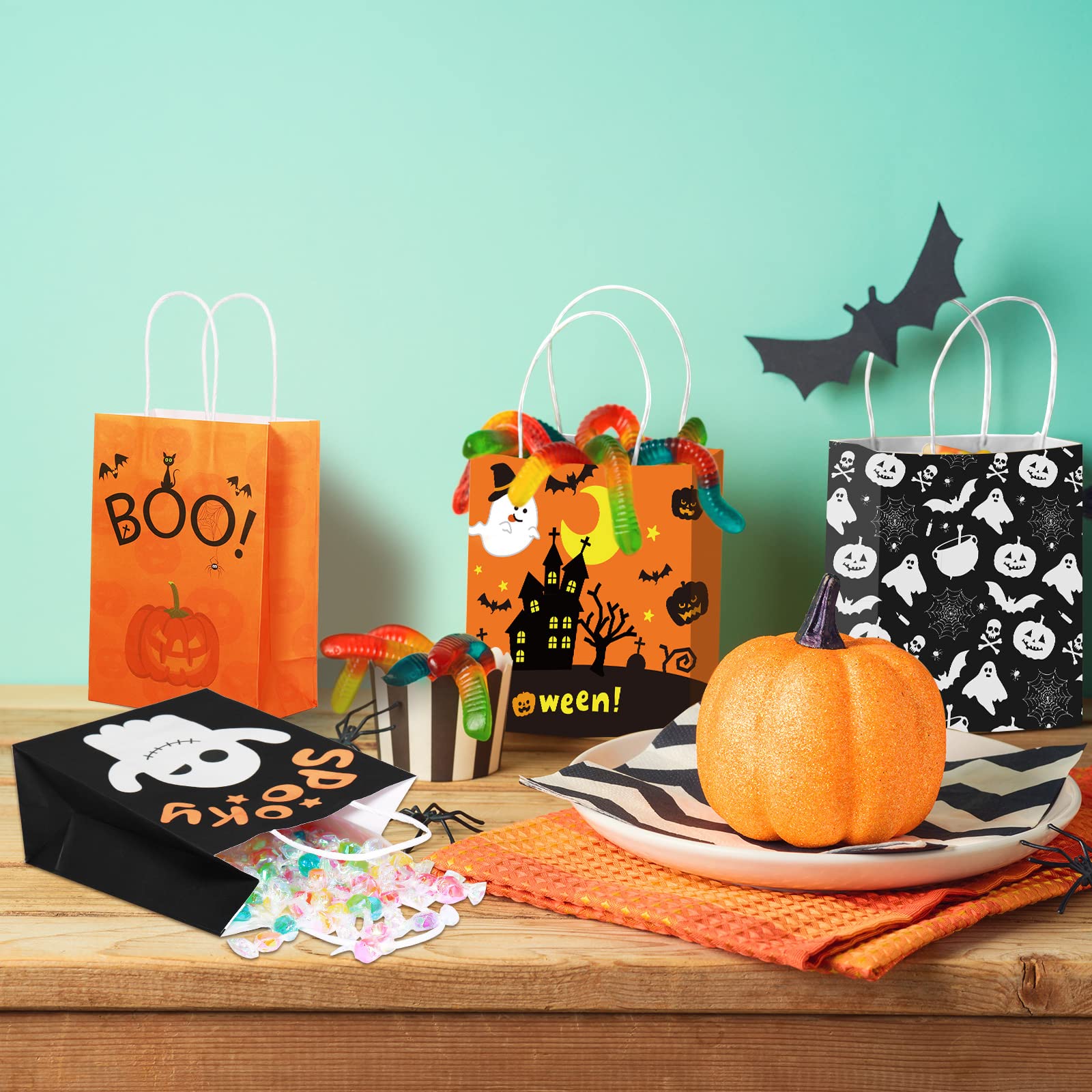 56 Pcs Halloween Goodie Bags Bulk With Zipper & Handles - 8 Cute Designs, Trick Or Treat Candy Pouches