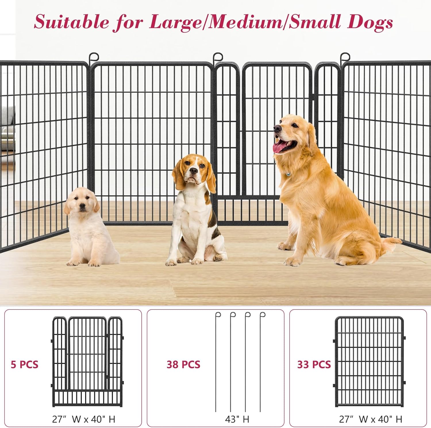 Dog Playpen, 40 inch Height 38 Panels Heavy Duty Dog Fence Pet Playpen with Door, Anti-Rust Dog Exercise Pen with Lock, Portable Pet Fence Outdoor for Yard RV Camping
