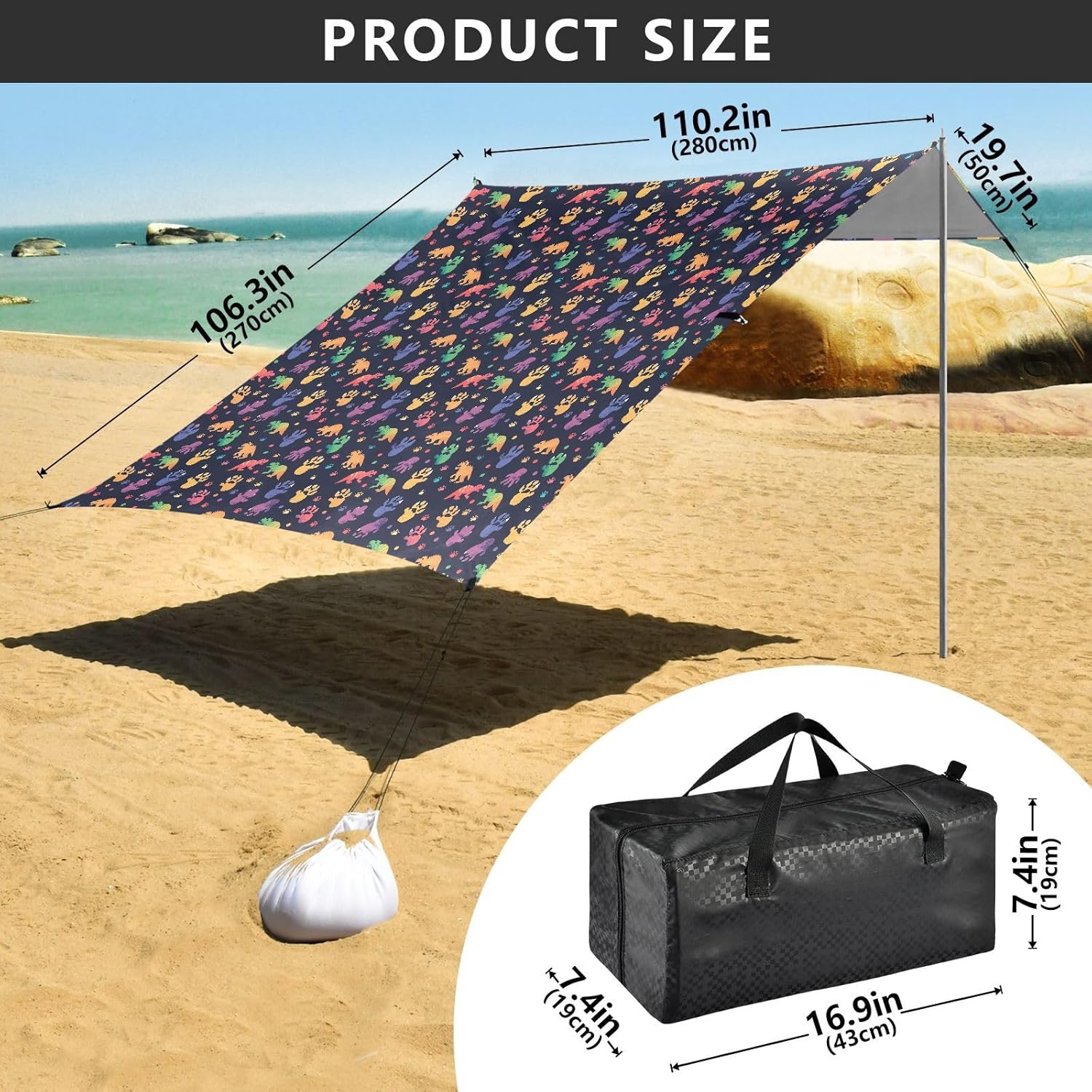 ALAZA Rainbow Dinosaur Dino Foot Print Beach Tent Sun Shelter UPF50+ Protection Beach Shade Canopy w/ 4 Sandbags for Outdoor Camping, Fishing, Backyard Fun, Picnic, 10x9 ft