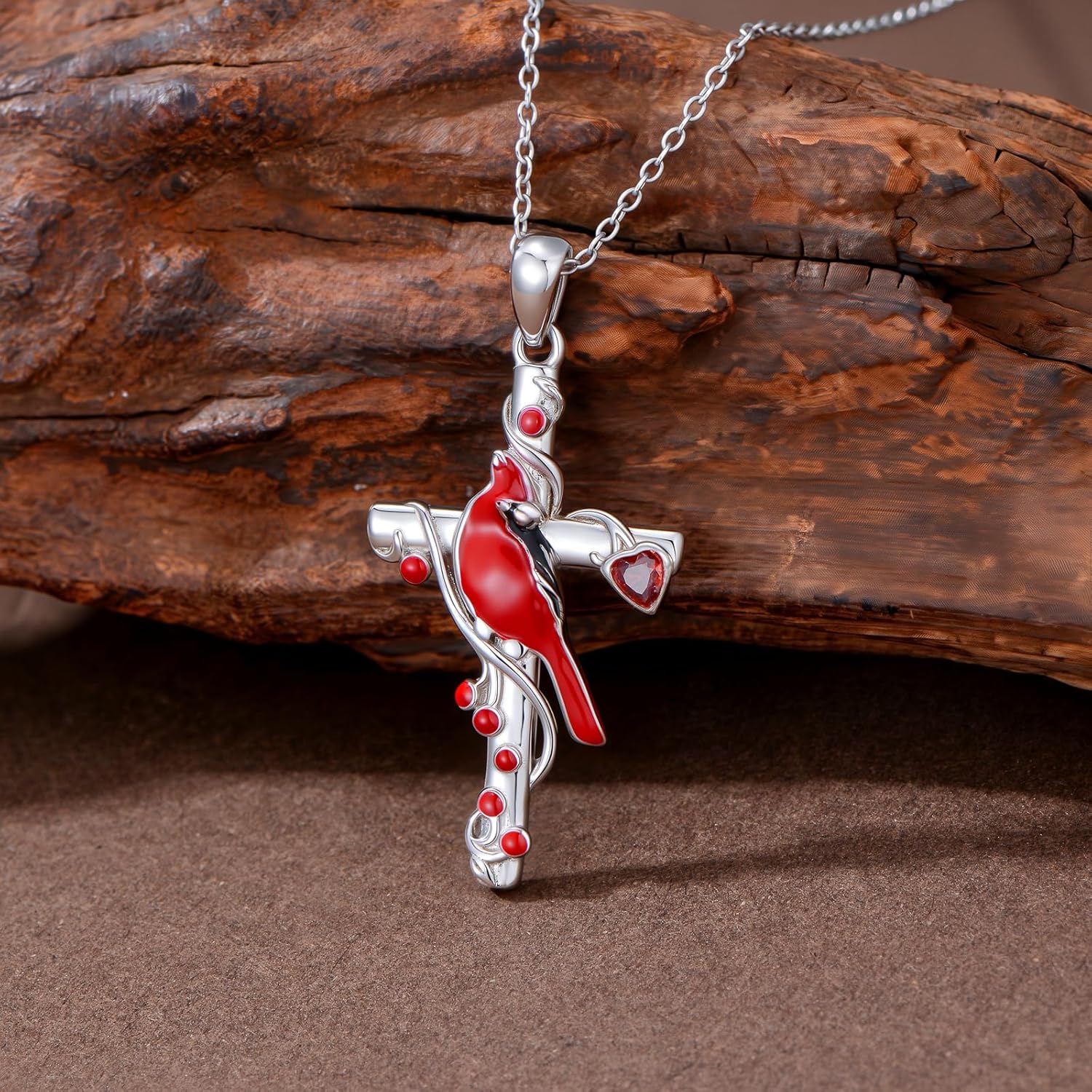 Natural Garnet Cardinal Cross Necklace 925 Sterling Silver Red Bird Cardinal Religious Cross Pendant for Women I am Always With You Memorial Jewelry Gift for Anniversary - Image 2