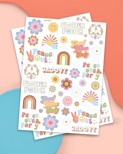 Miniatura 2 de xo, Fetti Tatuajes temporales de los años 70 Groovy - 48 estilos de purpurina | Suministros de fiesta de cumpleaños Flower Power, recuerdos de Good