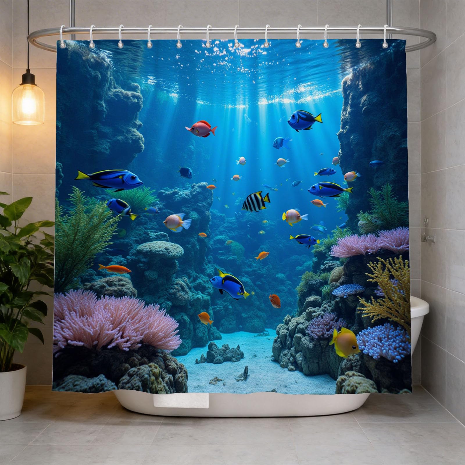 Hongduo 3D Coral and Fish Shower Curtain for Stalls Bathtubs Cartoon Bathroom Decor Shower Curtain Set Polyester Fabric Waterproof 200x200cm/79X79 Inch with Hooks