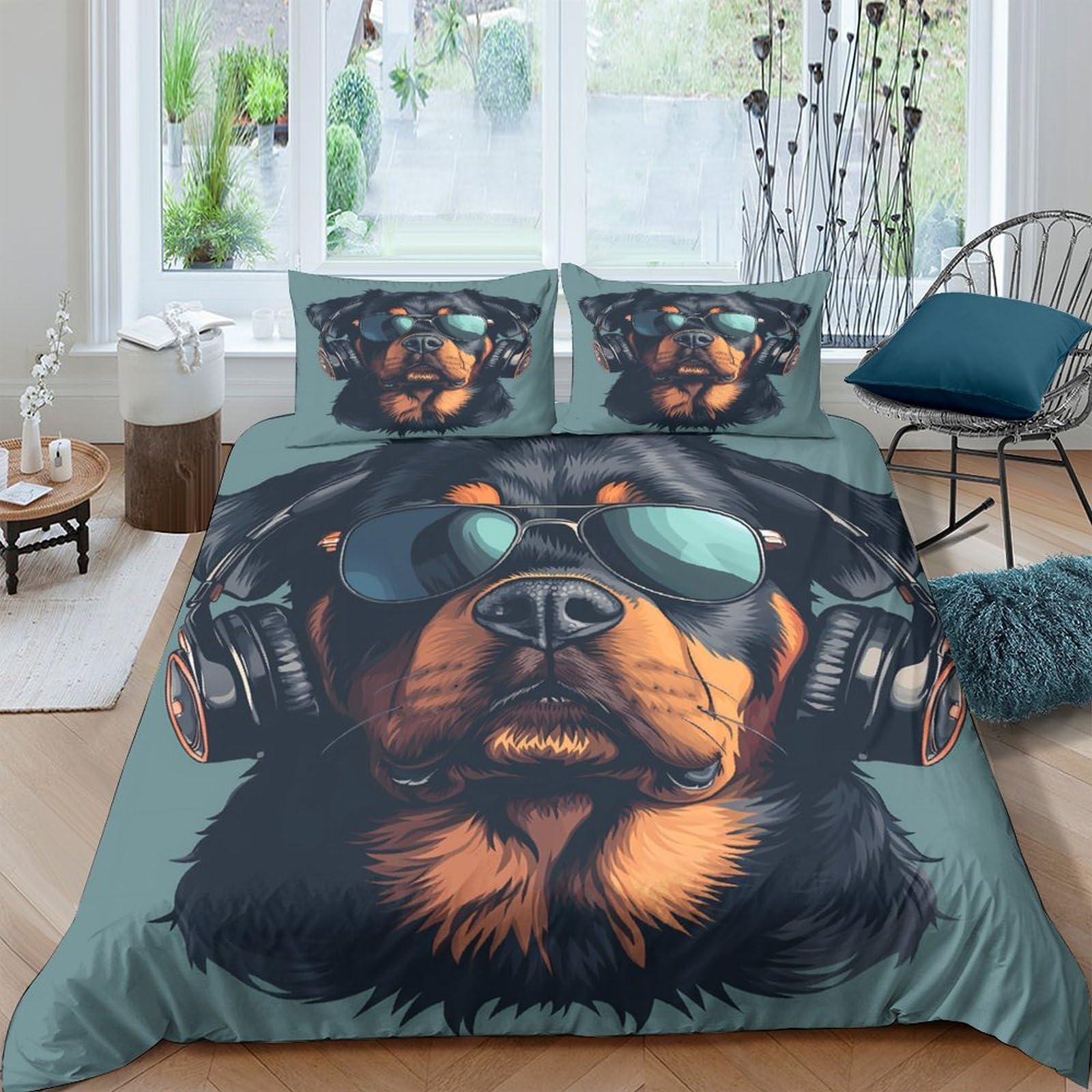 Ctjqhvkz Style-10 3D Printed Rottweiler Headphones Fitted Sheet Microfiber Soft Bed Sheet Animal Art Decor For Bedroom Guestroom Single（135X200cm）