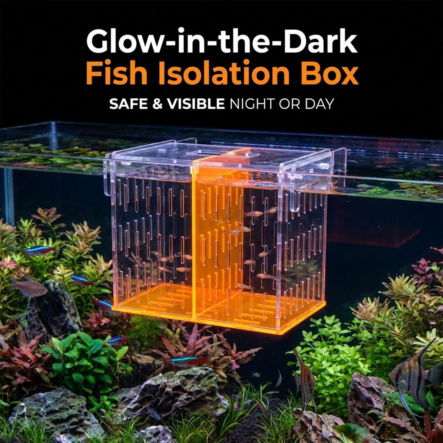 Large Acrylic Breeder Box for Aquarium & Fish Tank, Isolation Breeding Box with Extendable Handle Net - Acclimation Hatchery for Baby Fish, Shrimp, Betta, Guppy (9.45x5.71x8.27 in, Orange)