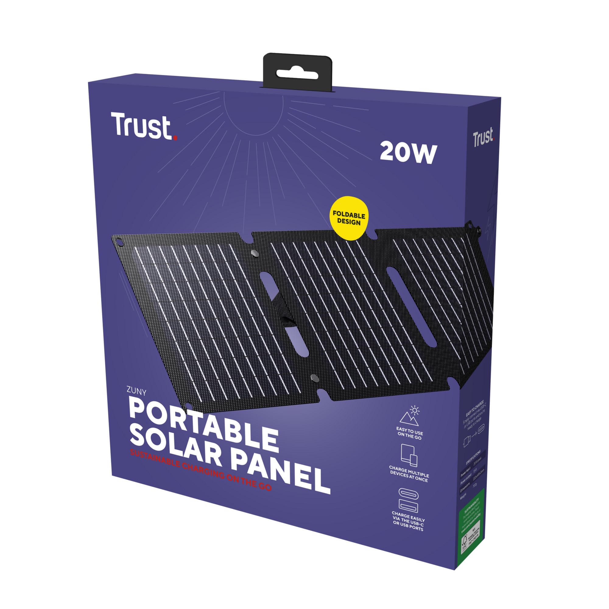 Trust Zuny 20W Panel Solar Portátil USB-C USB-A, Placa Solar Camping | Cargador Portátil 15W, Batería Cargador para Movil iPhone iPad Samsung Tablet Power Bank Camper Viajar