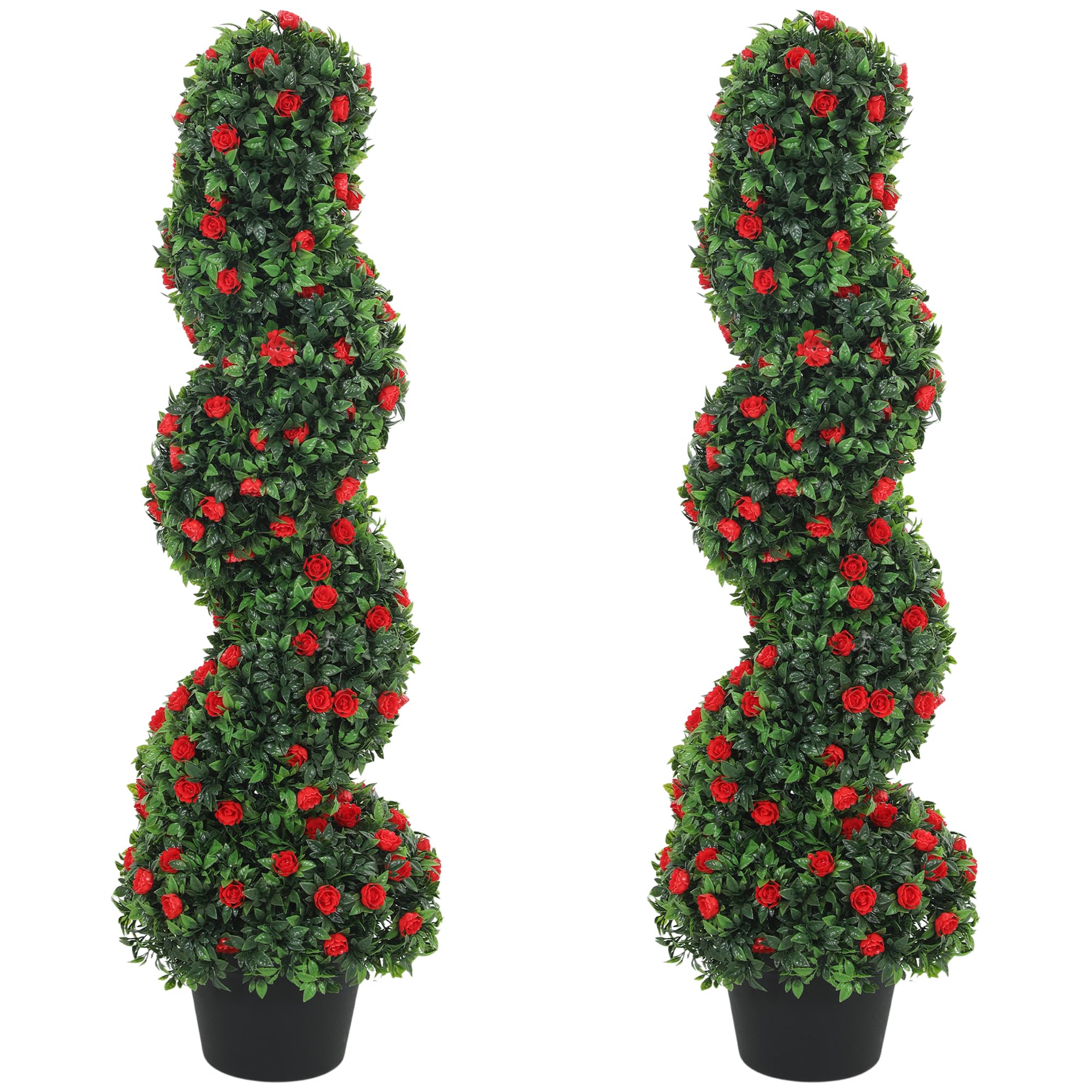 HOMCOM Set of 2 Artificial Rose Topiary Tree, UV-Cut Spiral Topiary Tree with 630 Leaves and 133 Flowers, Fake Plants in Pot for Indoor Outdoor Decor, 90cm, Red