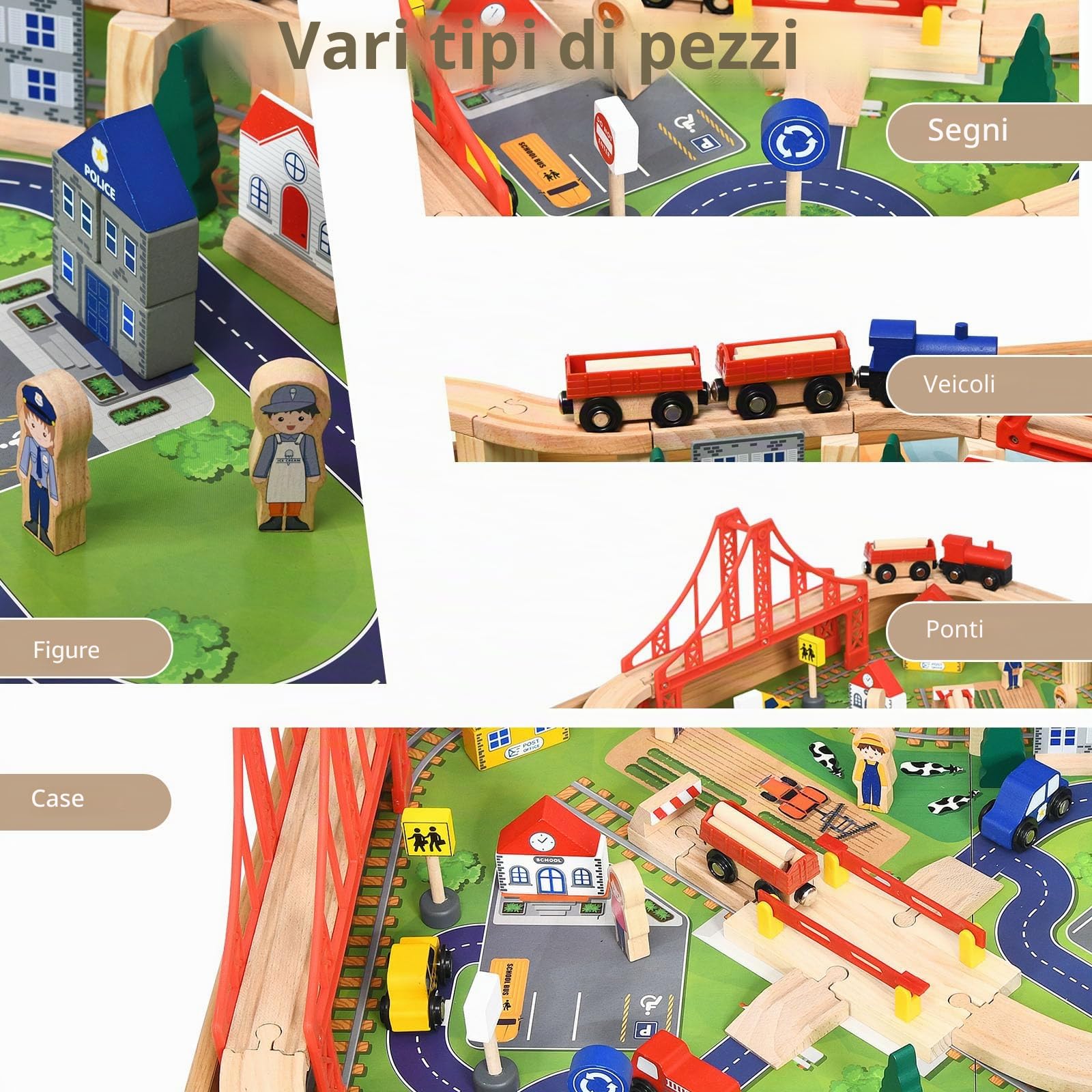 LIFEZEAL Tavolo da gioco ferrovia legno, set 100 pezzi, cassetto portaoggetti mobile, multifunzione 3 anni, costruire
