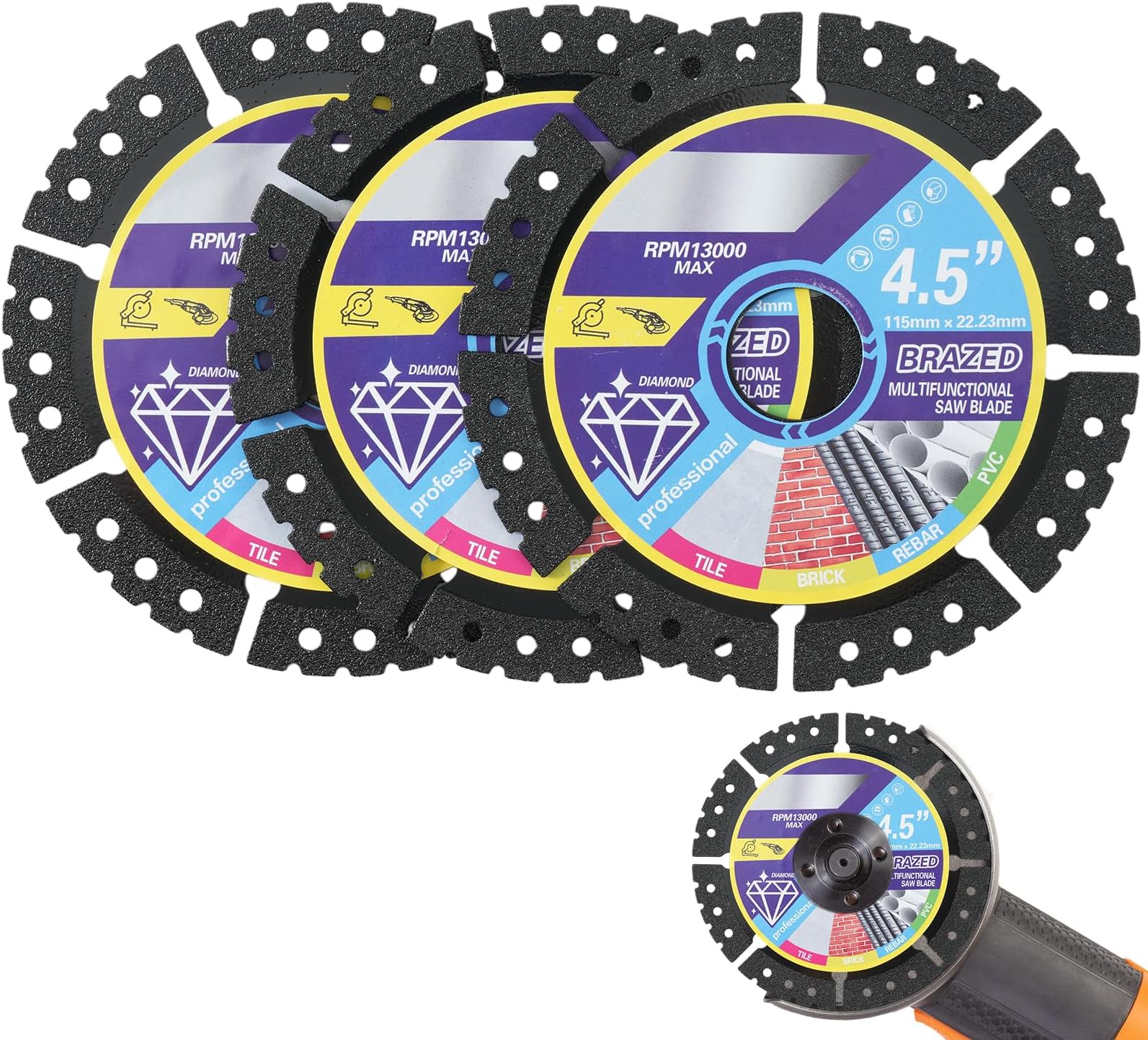 3-Pack 4.5" Diamond Multi-Purpose Saw Blade, 115mm Multi Material Cutting Blade or Cutting Marble/Quartz/Stone/Tile/Metal/Plastic