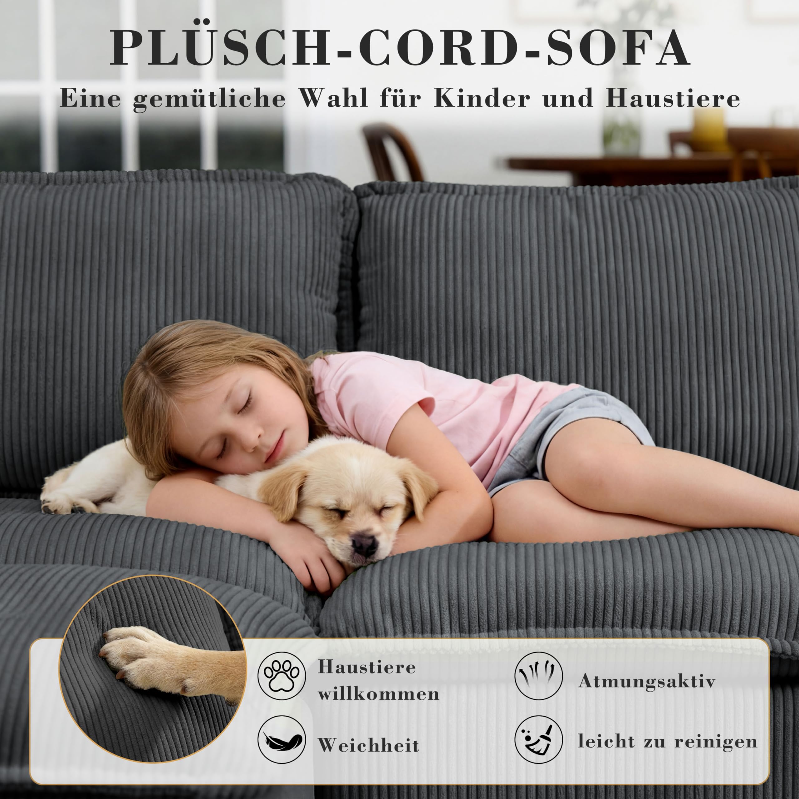 Vipbear Ecksofa, Modulares Sofa 273 cm breit, L-Form Sektionssofa 4-Sitzer mit Abnehmbarer Ottomane, Cloud-Sofa aus Cord mit Chaiselongue Links, L Sofa Couch für Wohnzimmer, Dunkelgrau