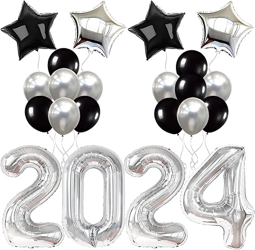 KatchOn Juego de decoraciones de graduación 2024 negras y plateadas, paquete grande de 22  enormes números de globos plateados de 40 pulgadas,