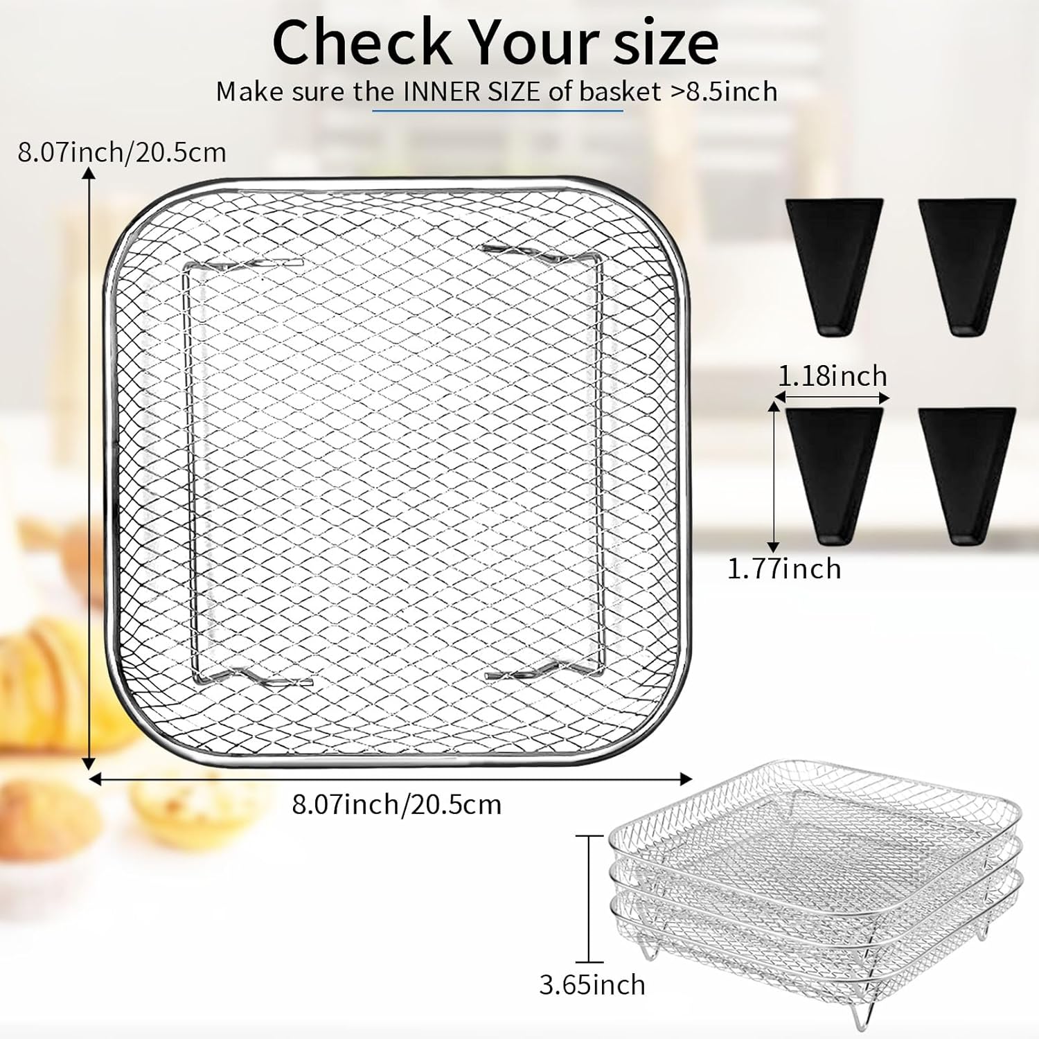 3 Tiers Air Fryer Mesh Baskets, 8×8×1.7 Inch Stackable Square Stainless Steel Square Dehydrator Racks Air Fryer Accessories with Silicone Feet for Ninja Cosori Chefman Instant
