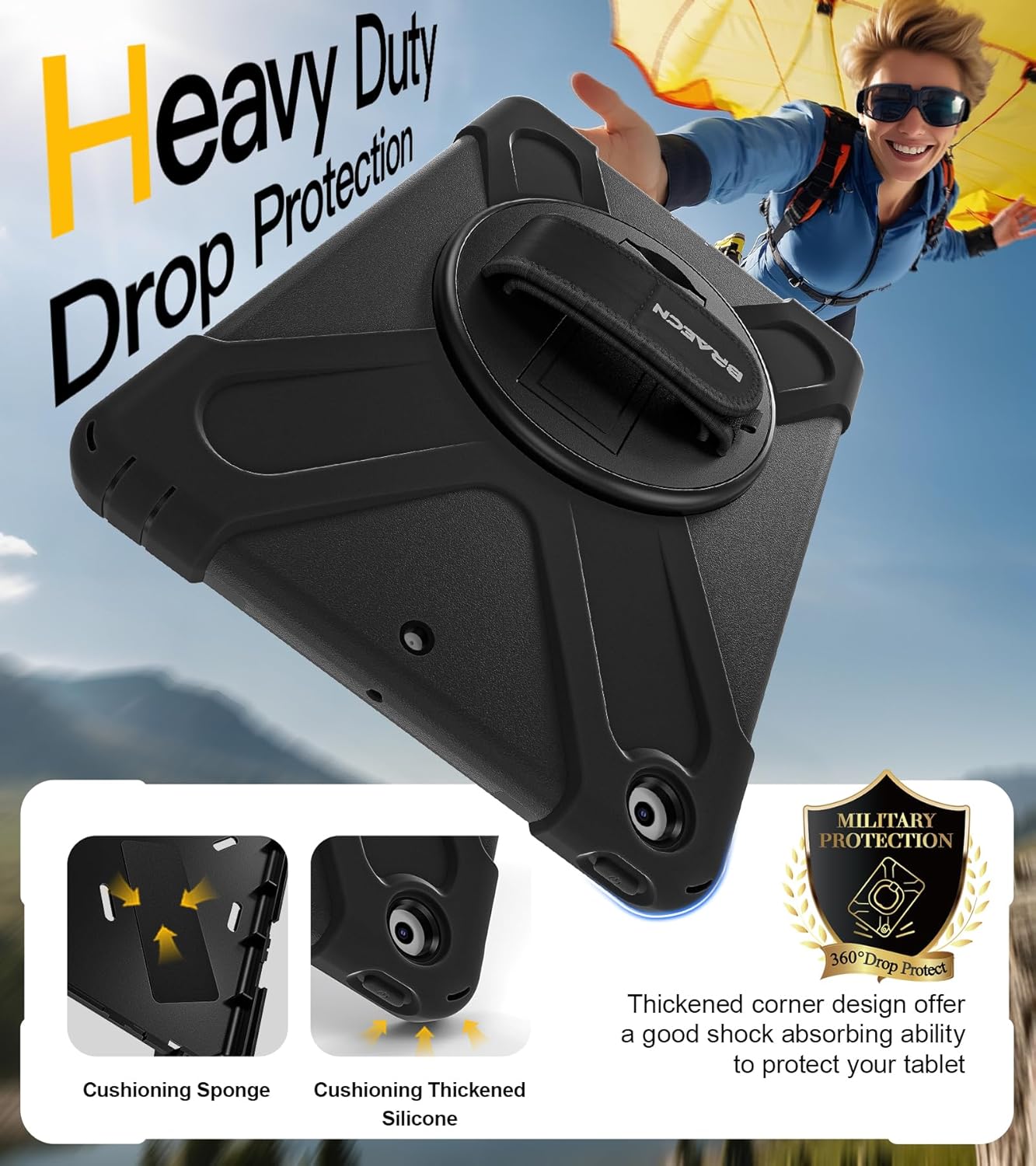 BRAECN Case for iPad 9th/8th/7th Generation 10.2 inch 2021/2020/2019,Heavy Duty Shockproof Kids Case with Built in Screen Protector, 360 Rotating Stand/Hand Strap, Shoulder Straps (Black)