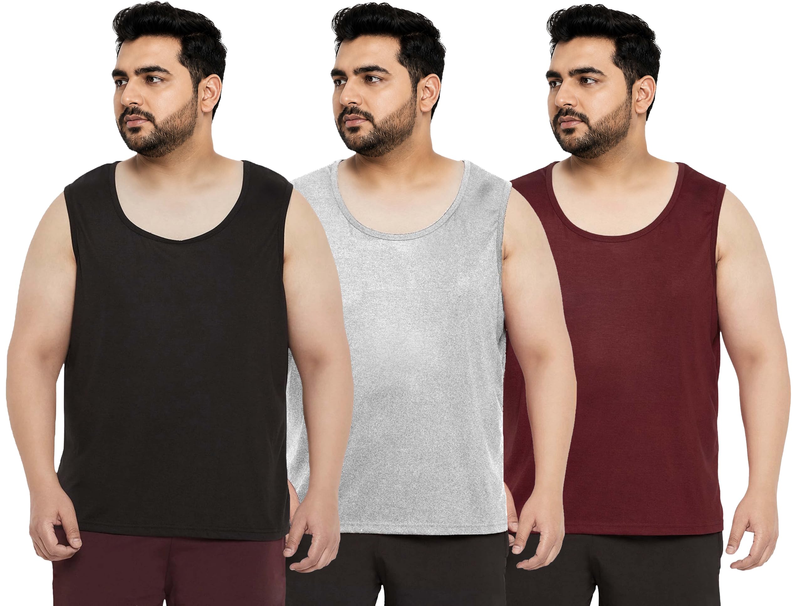 Cotton Solid Plus Size Vest for Men | Round Neck, Regular Fit, Sleeveless Plus Size | Men's Tank Top | 3XL, 4XL, 5XL | Perfect for Workouts Gym | Plain | Combo Pack of 3-image-20