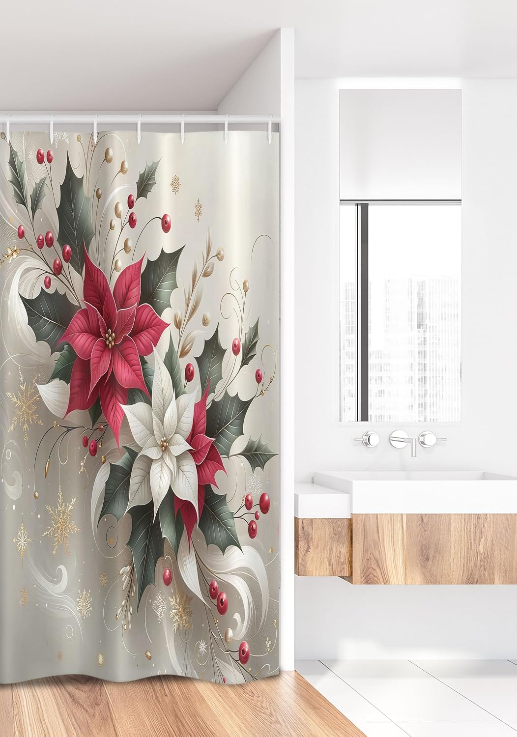 Ambesonne Christmas Stall Shower Curtain, Traditional Xmas with Poinsettia Flowers Ornate and Snowflakes, Fabric Bathroom Decor Set with Hooks, 36" W x 72" L, Pale Vermilion and Grey Teal
